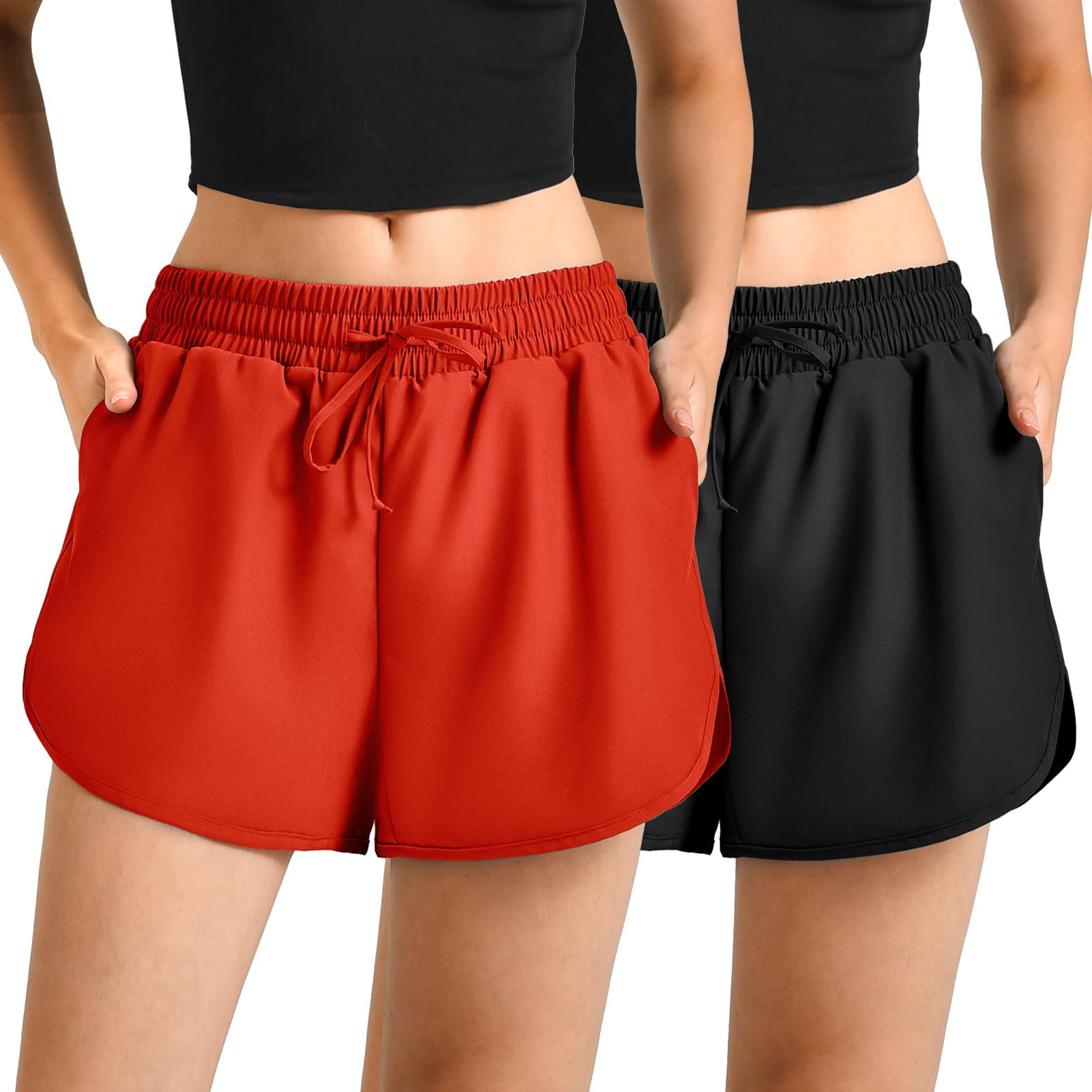 Leafigure 2Pack Running Shorts for Women- Athletic High Waisted Quick Dry Shorts with Pockets for Gym Workout