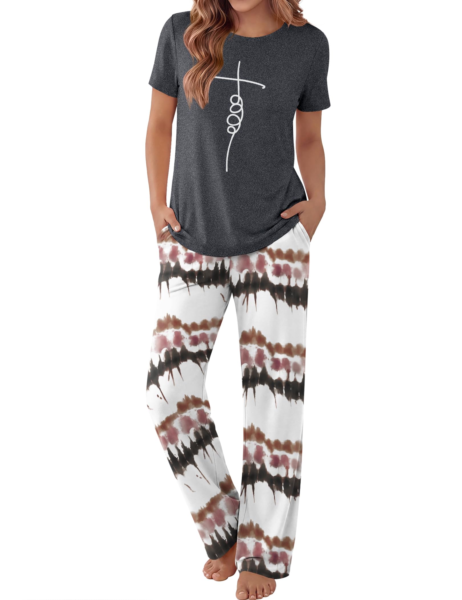Ekouaer Pajama Set for Women 2 Piece Pjs Short Sleeve Top and Printed Pants
