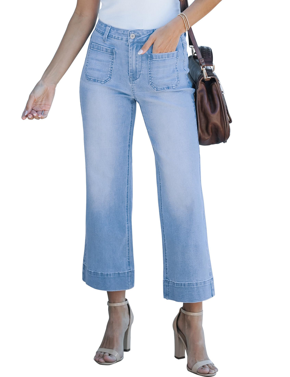 luvamia Wide Leg Jeans for Women Trendy High Waisted Flare Jeans Cropped Denim Pants Stretchy Baggy with Patch Pockets