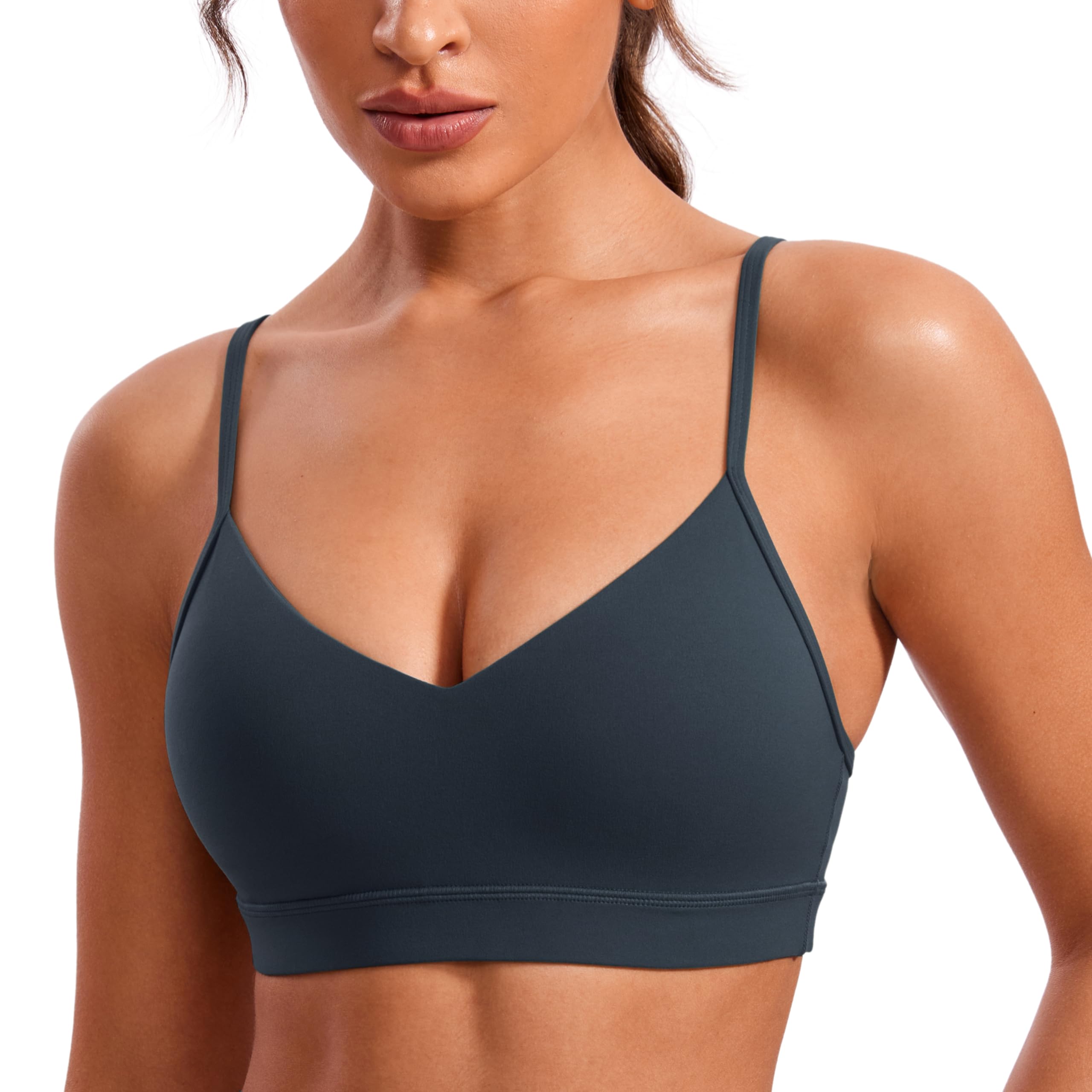 CRZ YOGA Butterluxe V Neck Sports Bras | Light Support, Removable Pads, Yoga, Extremely Soft, Square Back, Adjustable Spaghetti Straps, for Women