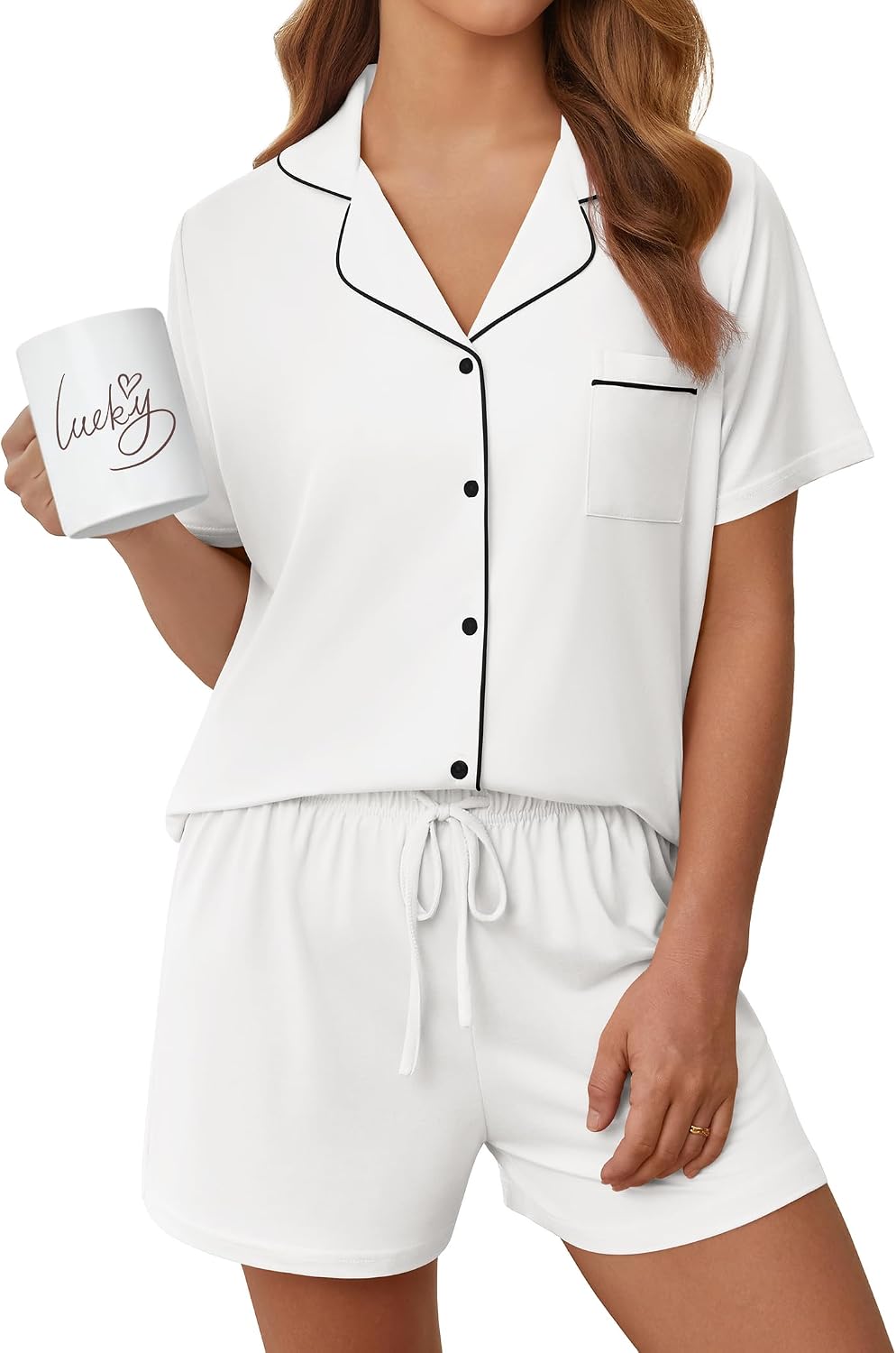 Womens Pajama Sets Summer Pjs Short Sleeve Button Down Top and Shorts Bride Sleepwear 2 Piece Comfy Lounge Set S-XXL
