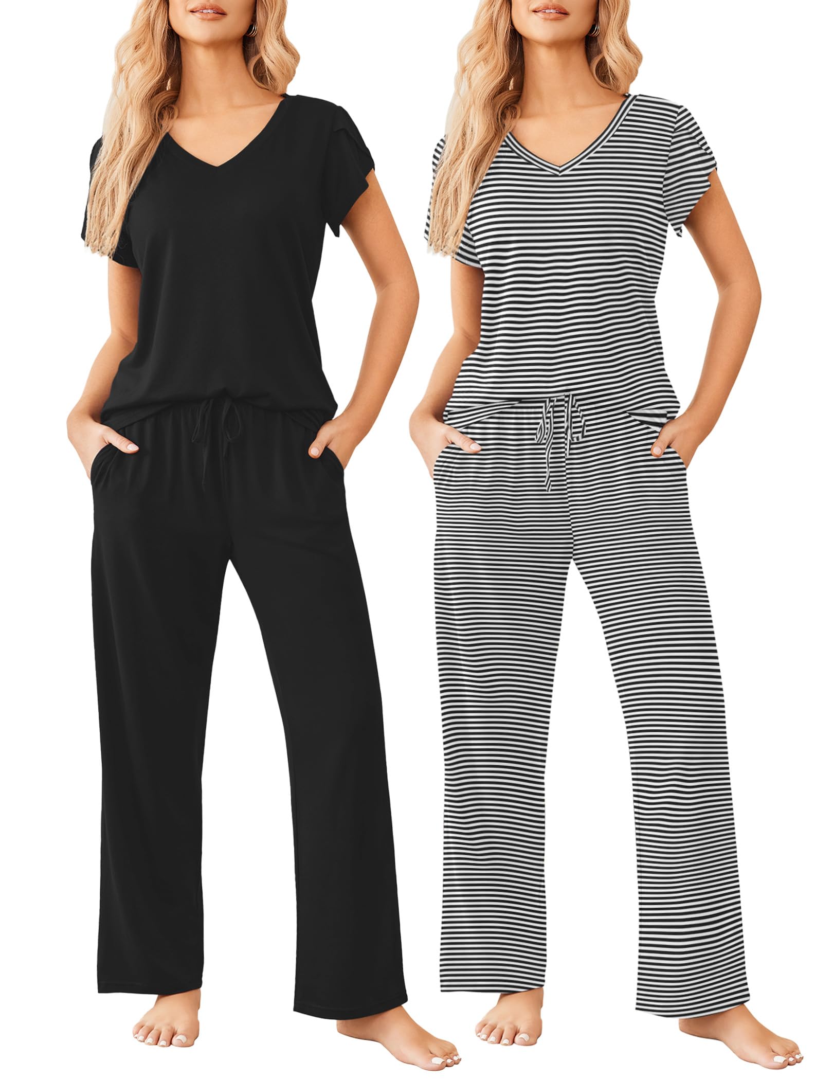 Ekouaer 2 Pack Womens Pajama Set Short Sleeve Sleepwear Soft Pjs Lounge Set