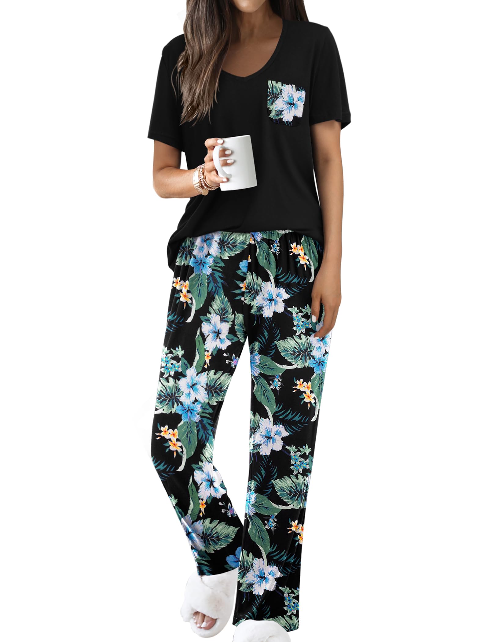 Ekouaer Pajama Sets for Women 2 Piece Short Sleeve Pj V Neck Chest Pocket