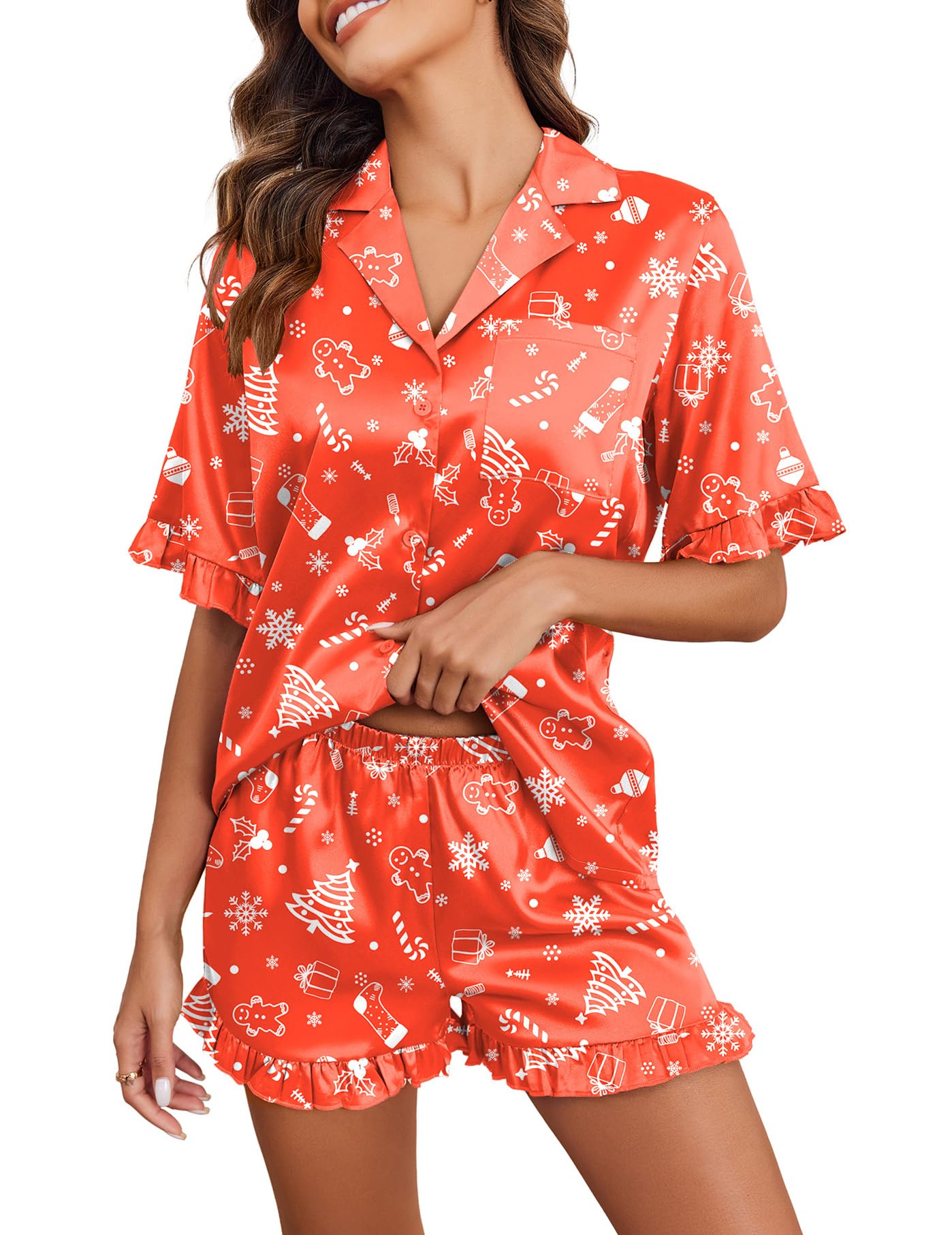Ekouaer Satin Pajama Set for Women 2 Piece Pj Sets Short Sleeve Sleepwear