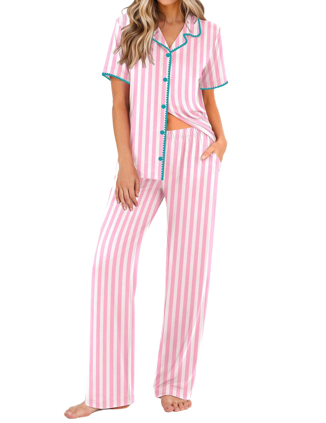 Ekouaer Womens Pajamas Set Button Down Loungewear Short Sleeve Pants Pjs