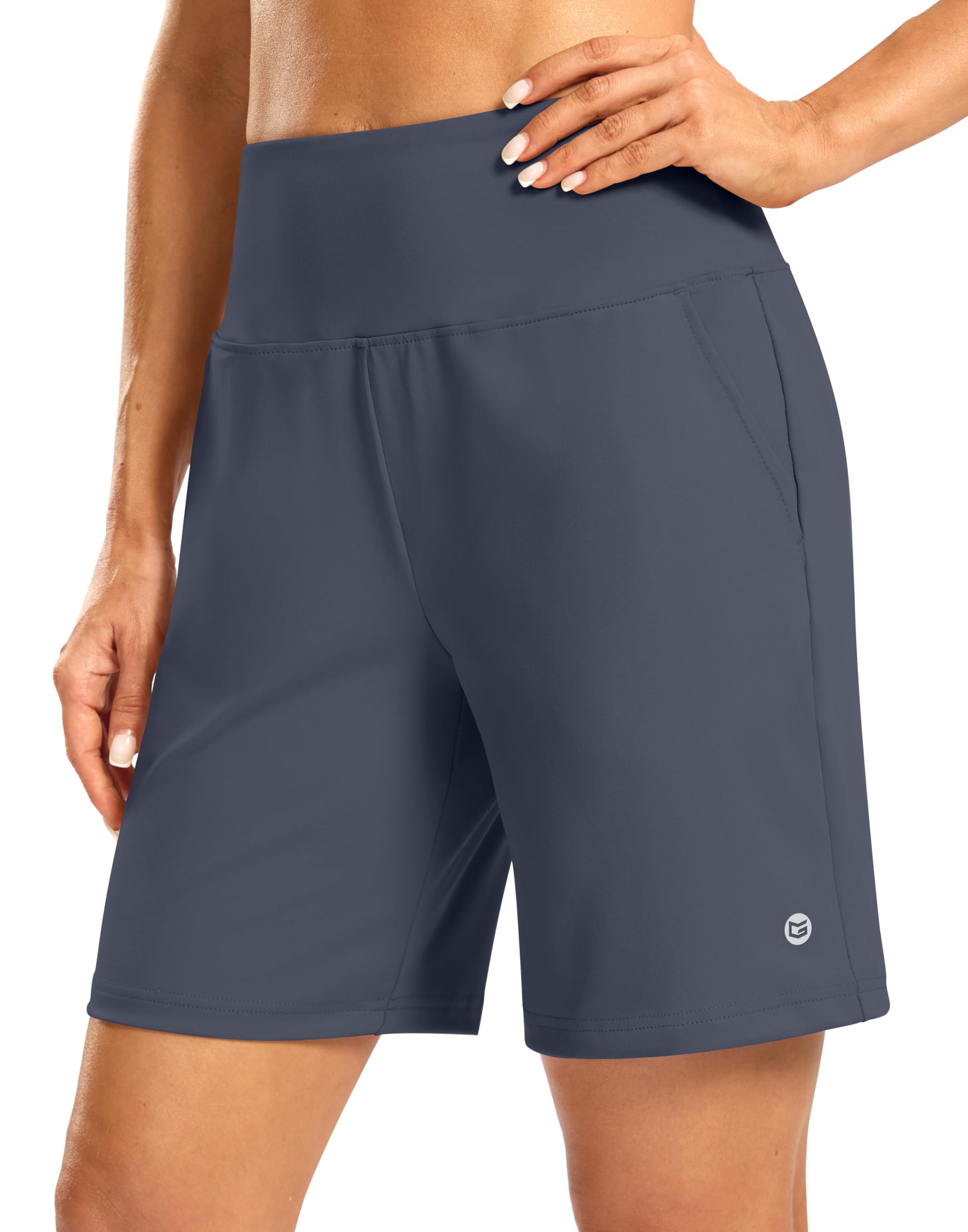 Women's Athletic Shorts with Zipper Pocket 7" High Waisted Stretchy Bermuda Shorts for Women Workout Running Casual