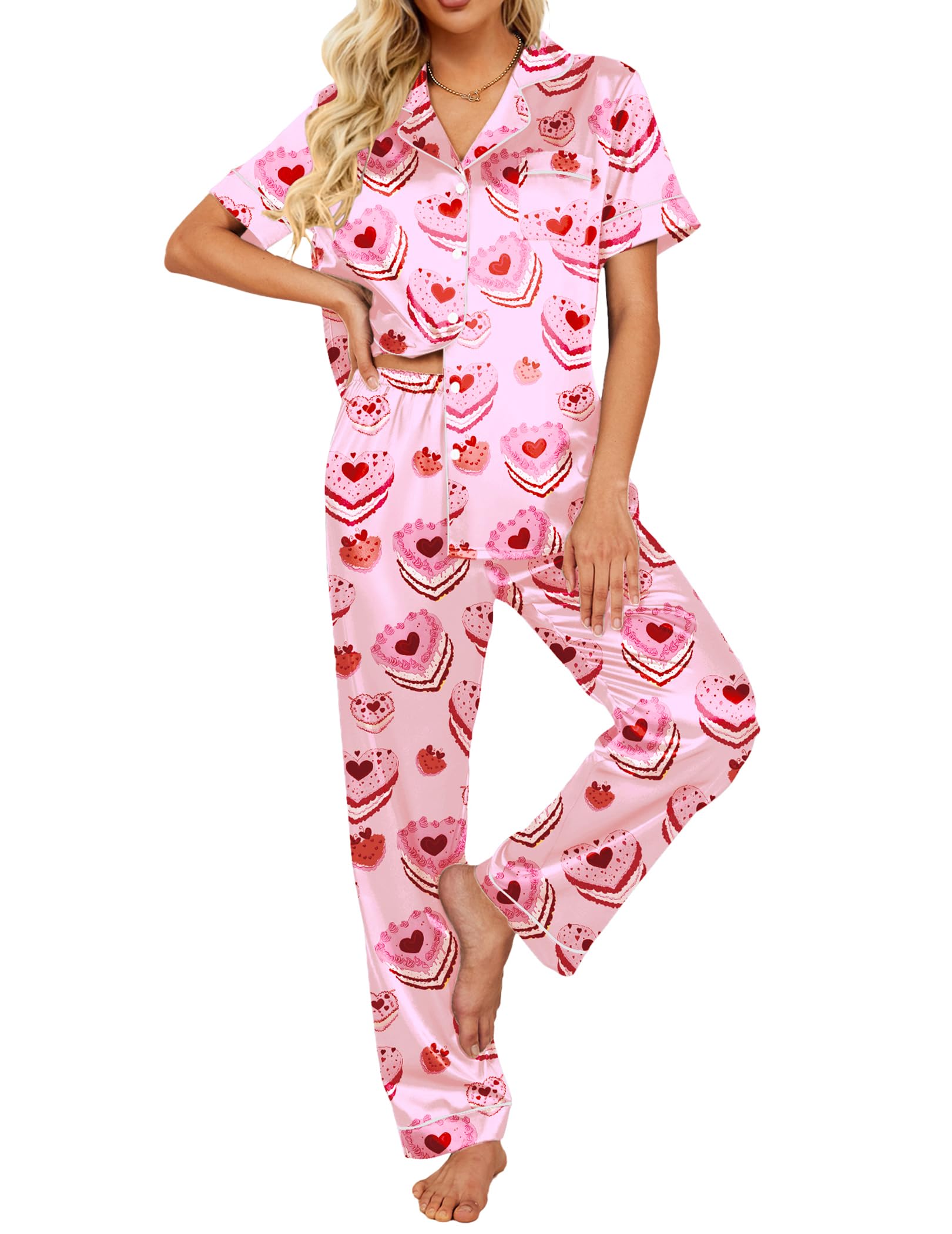 Ekouaer 2 Piece Satin Short Sleeve Pajamas Set Button Down Sleepwear