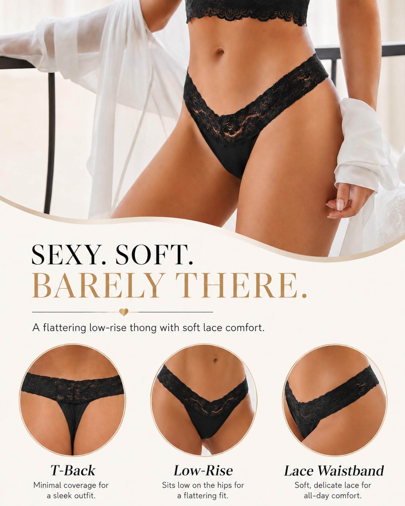 READY TO LOVE Cotton Underwear for Women Lace Sexy Soft Thongs Low Rise T-Back Lingerie Stretchy Ladies Panties