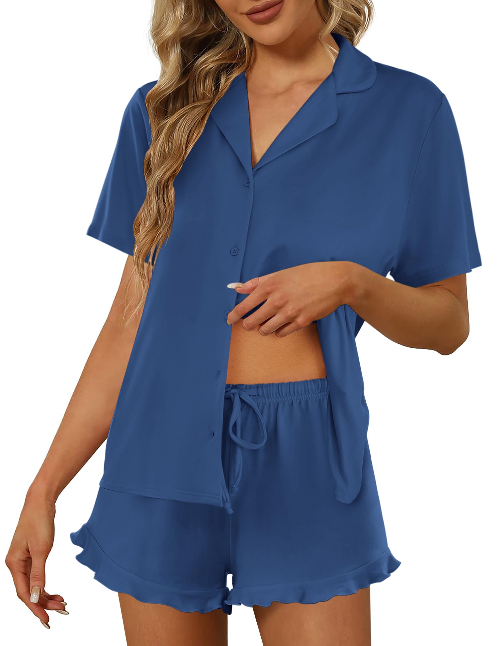 Ekouaer Pajamas Set for Women Short Sleeve Sleepwear Button Down Ruffle Pjs