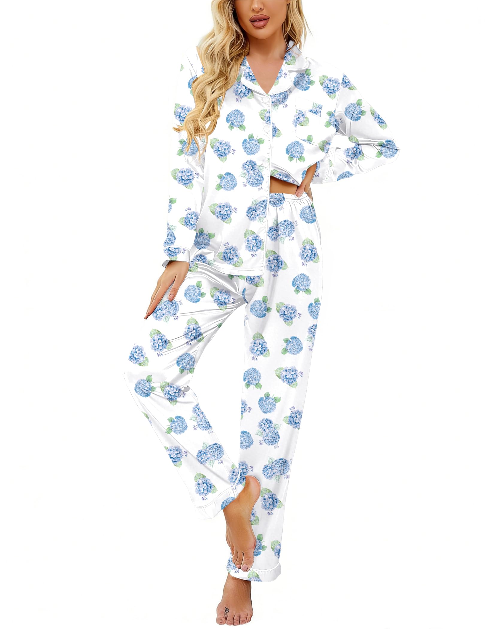 Ekouaer Women's Classic Button Down Long Satin Silk Pajama Set