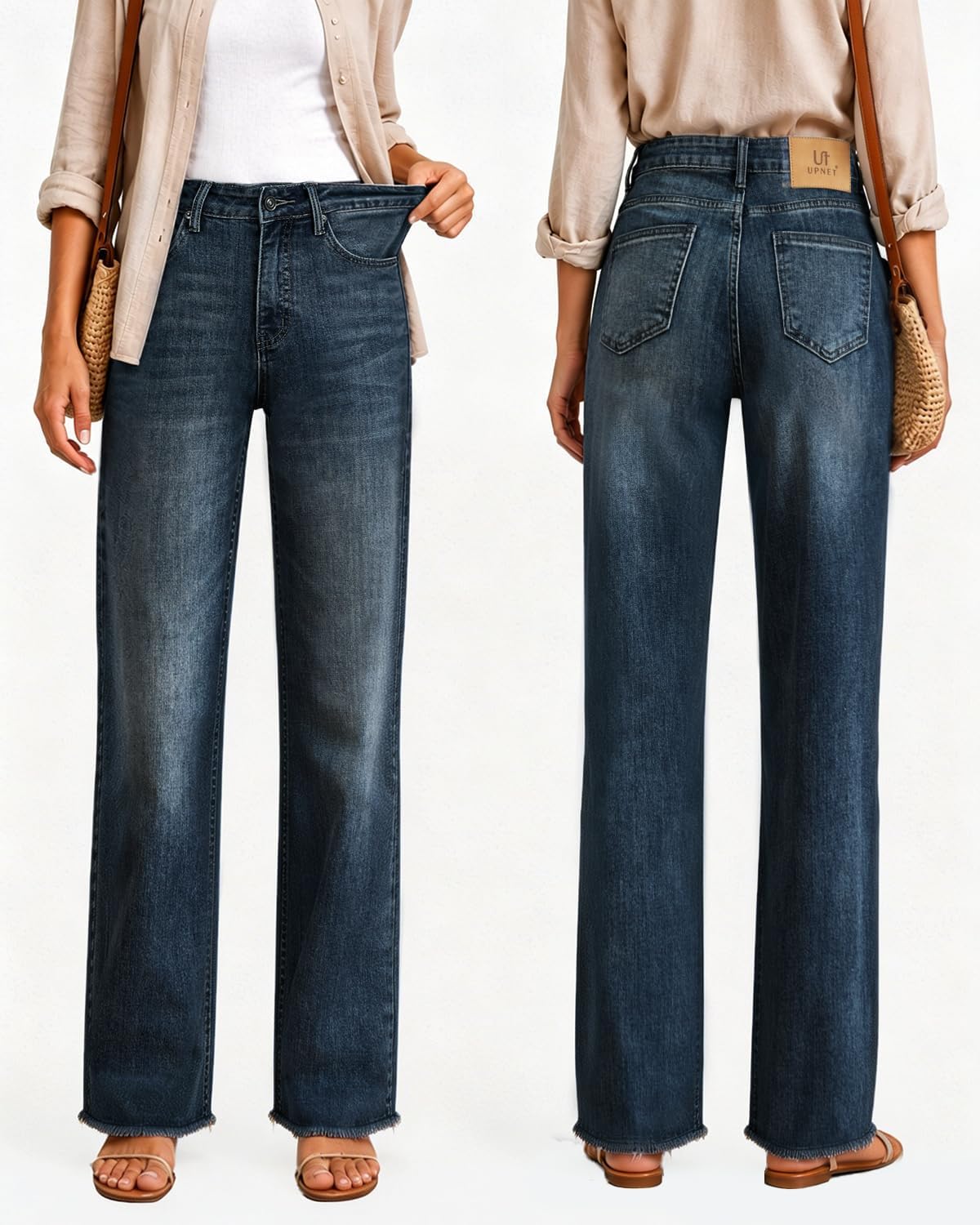 Womens High Waisted Jeans Stretchy Straight Leg Loose Fit Tummy Control Raw Hem Denim Pants Trendy Fashion