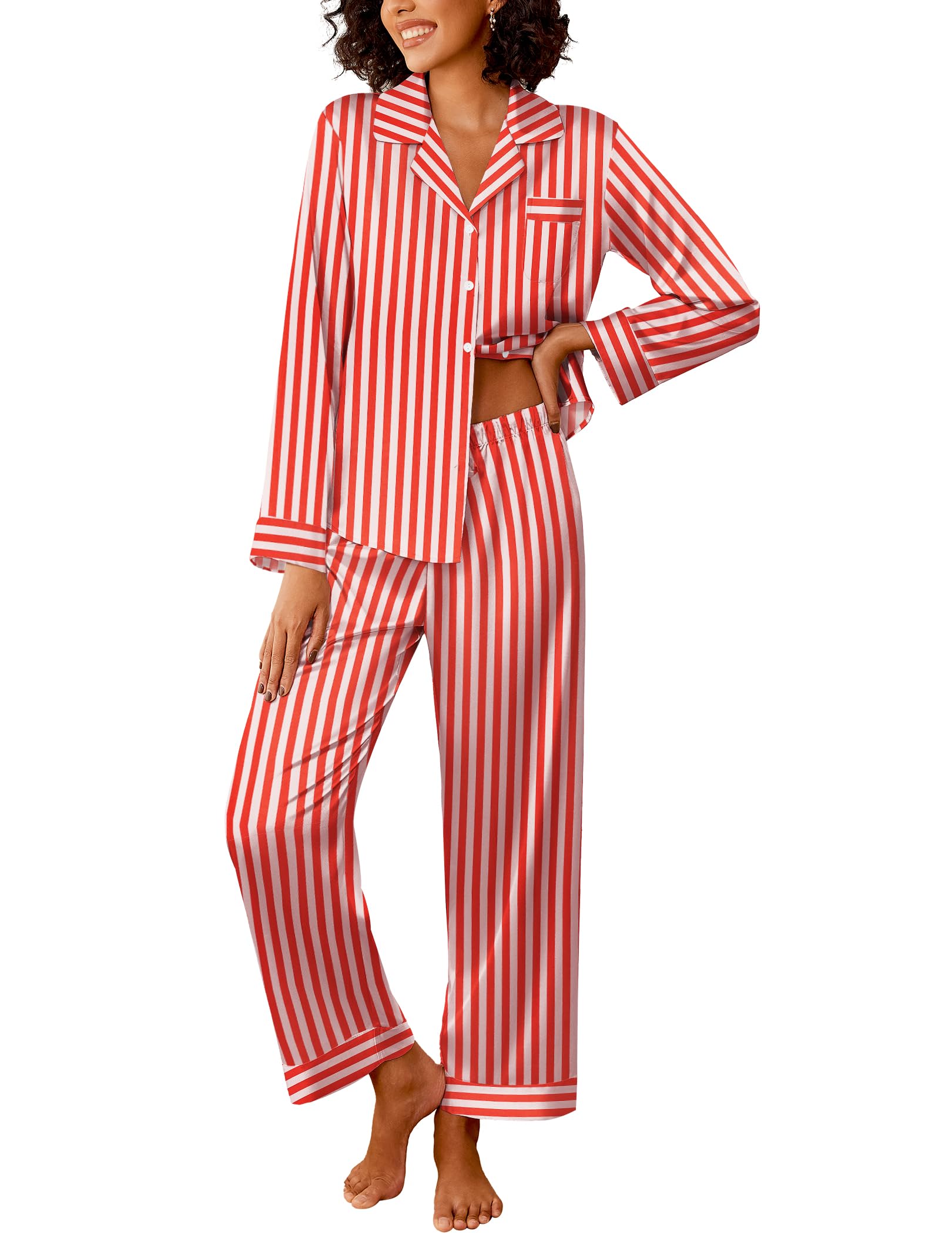 Ekouaer Womens Silk Satin Pajama Sets 2 Piece Pjs Set Stripe Sleepwear