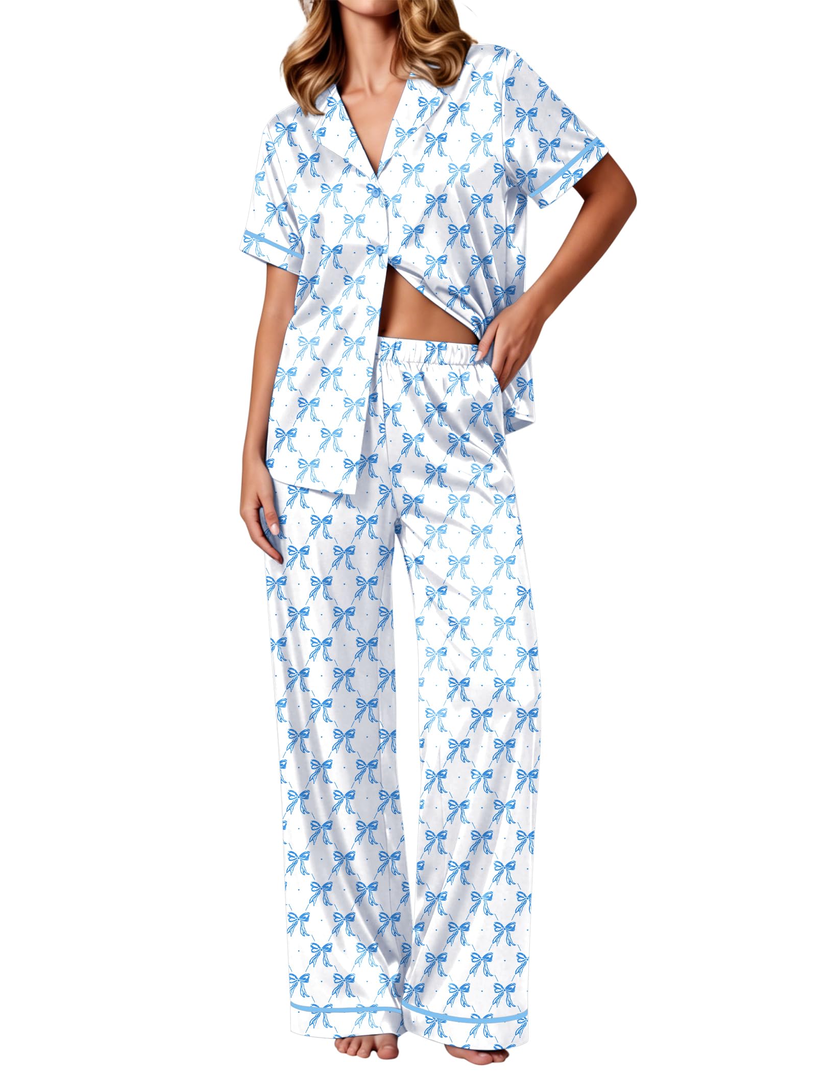 Ekouaer Women's Silk Pajamas Set Short Sleeve Pjs Button Down Lounge Set