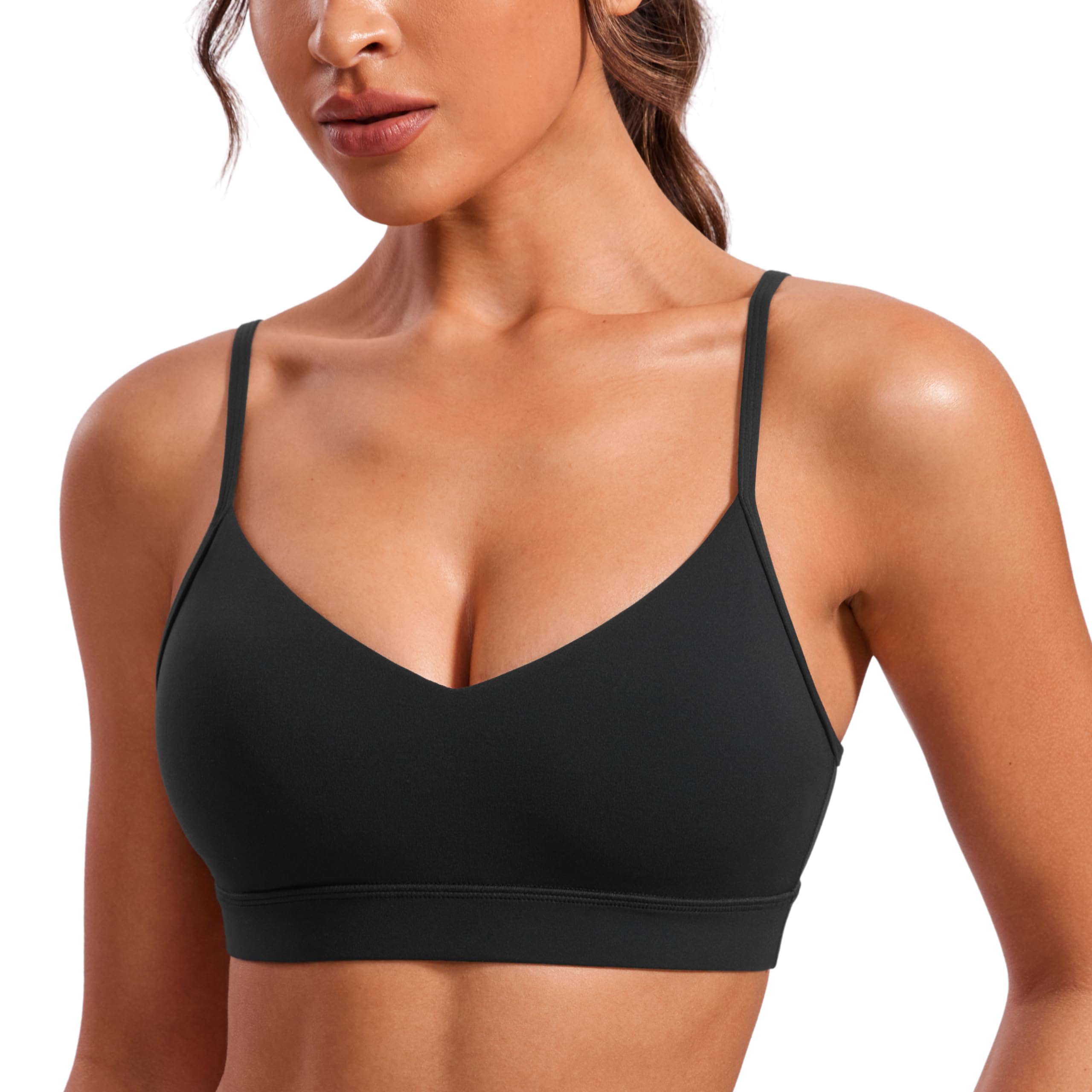 CRZ YOGA Butterluxe V Neck Sports Bras | Light Support, Removable Pads, Yoga, Extremely Soft, Square Back, Adjustable Spaghetti Straps, for Women