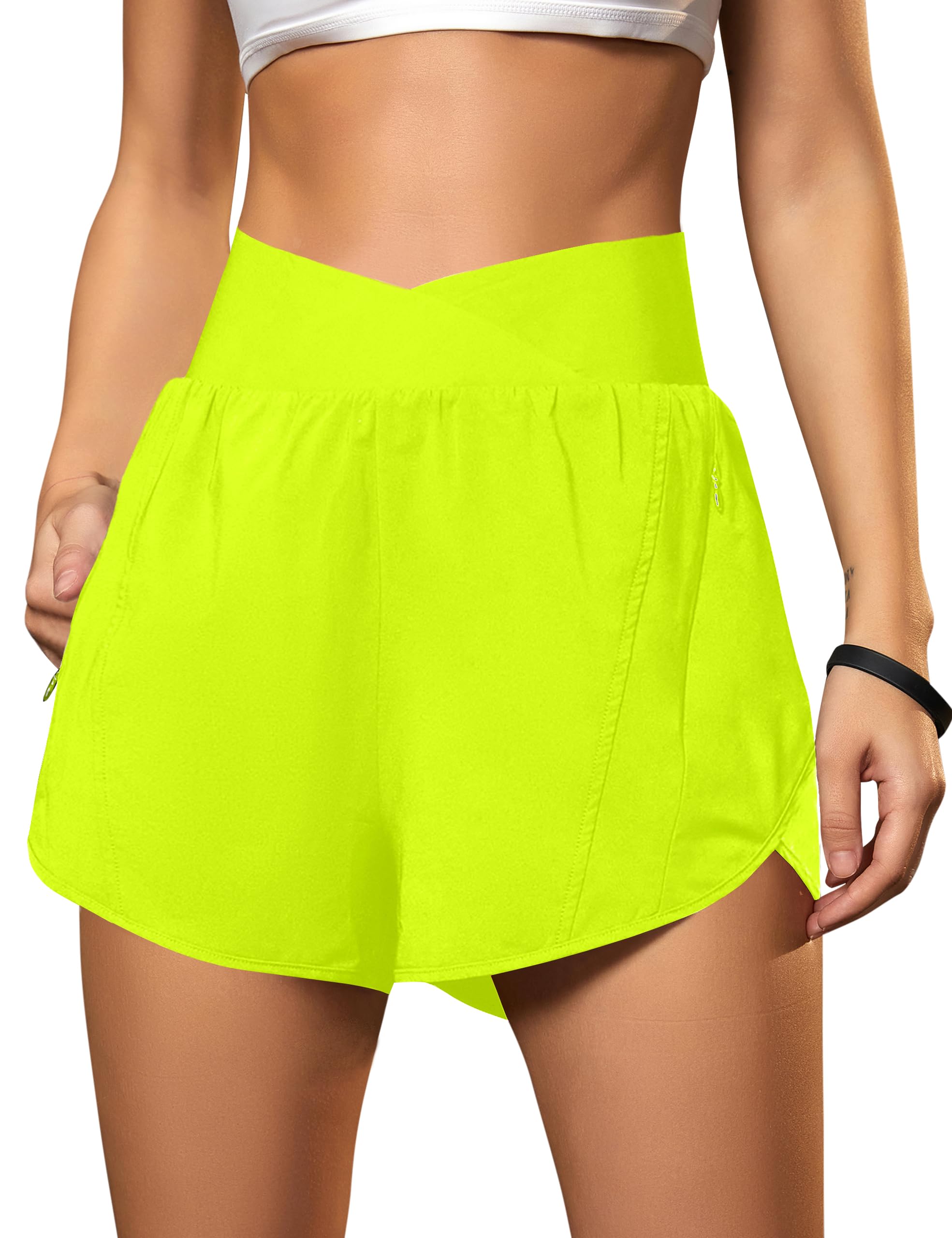 Blooming Jelly Women's Workout Shorts Athletic Running Shorts Crossover High Waisted Gym Shorts with Zipper Pockets