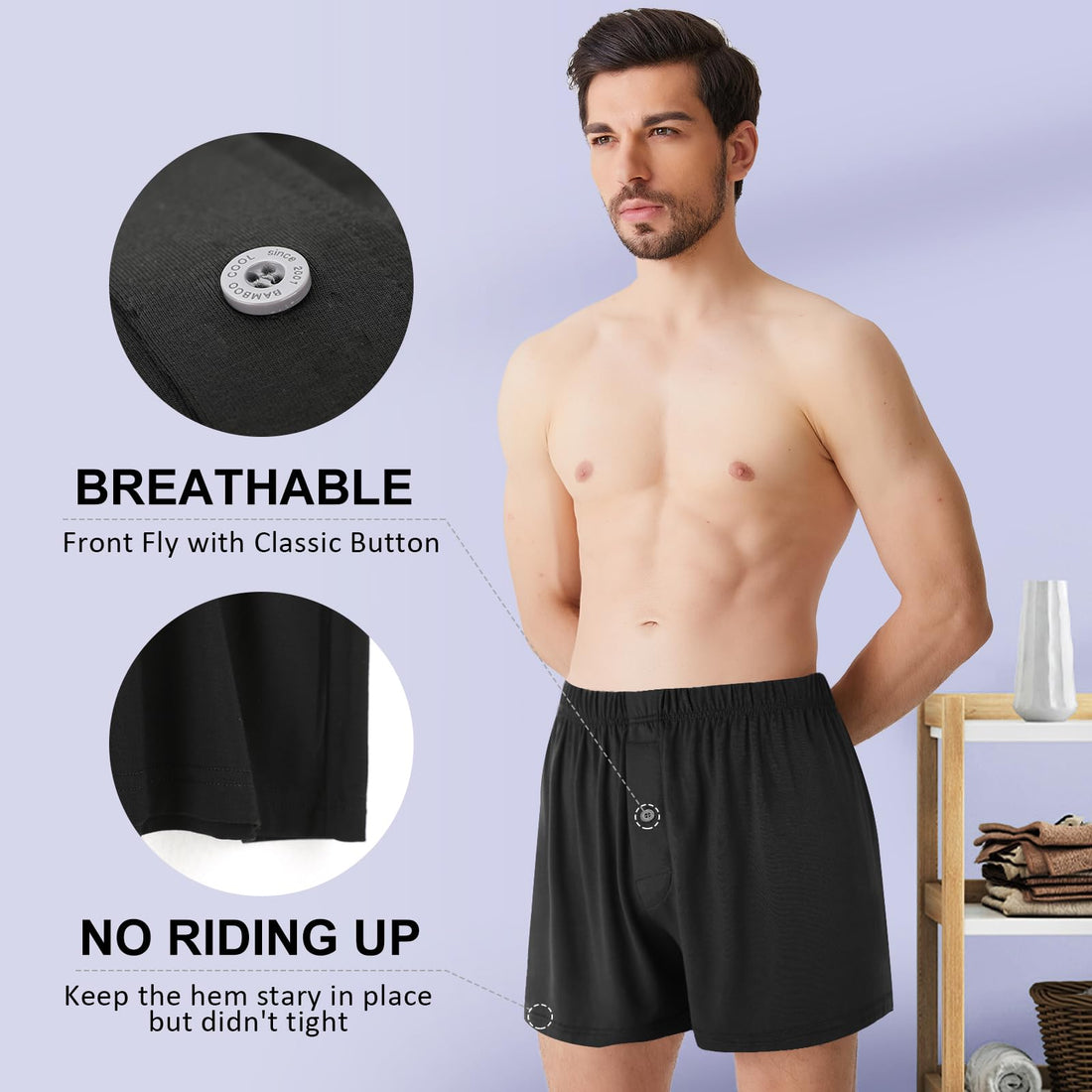 BAMBOO COOL Mens Boxers Short Classic Fit Soft Casual Underwear Loose Breathable Boxer Shorts for Men