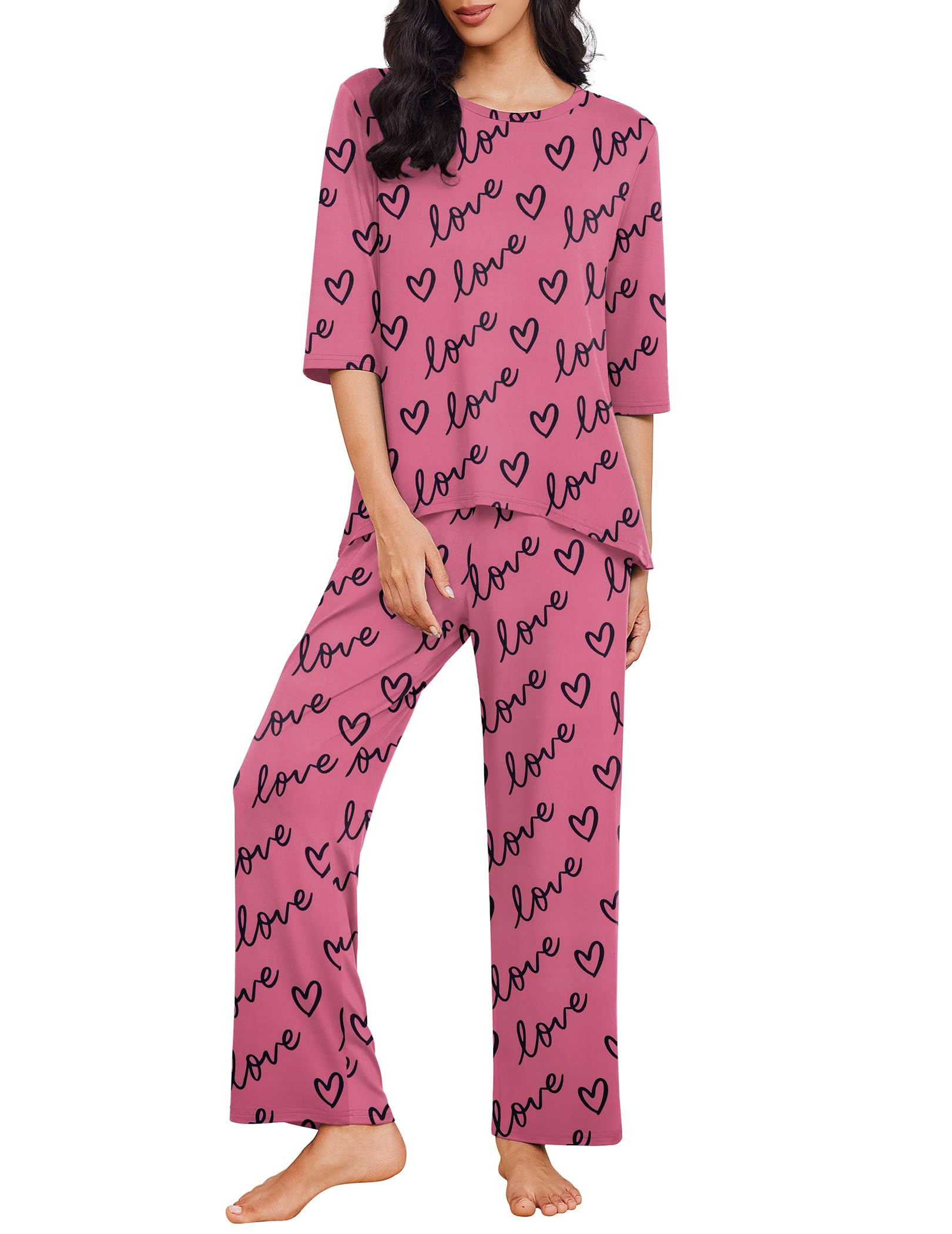 Ekouaer Womens Pajamas Set 2 Piece 3/4 Sleeve Tops Long Pants Pj Set