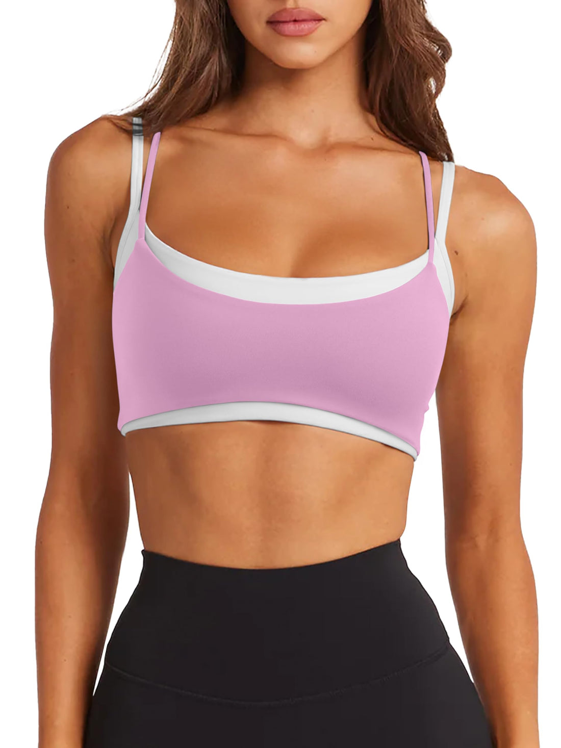 LASLULU Womens Double Layered Sports Bra Adjustable Spaghetti Straps Sexy Scoop Neck Wireless Padded Workout Yoga Crop Tops