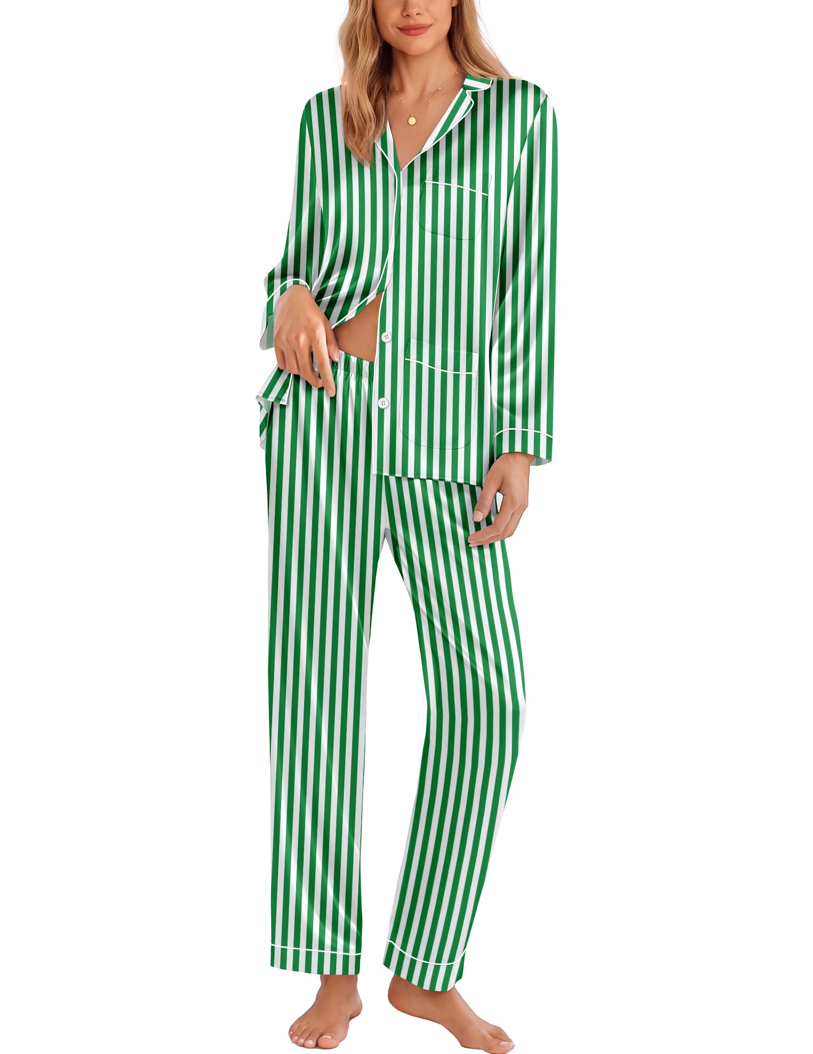 Ekouaer Pajamas for Women Silk Satin Button Down Long Sleeve Pajama Sets