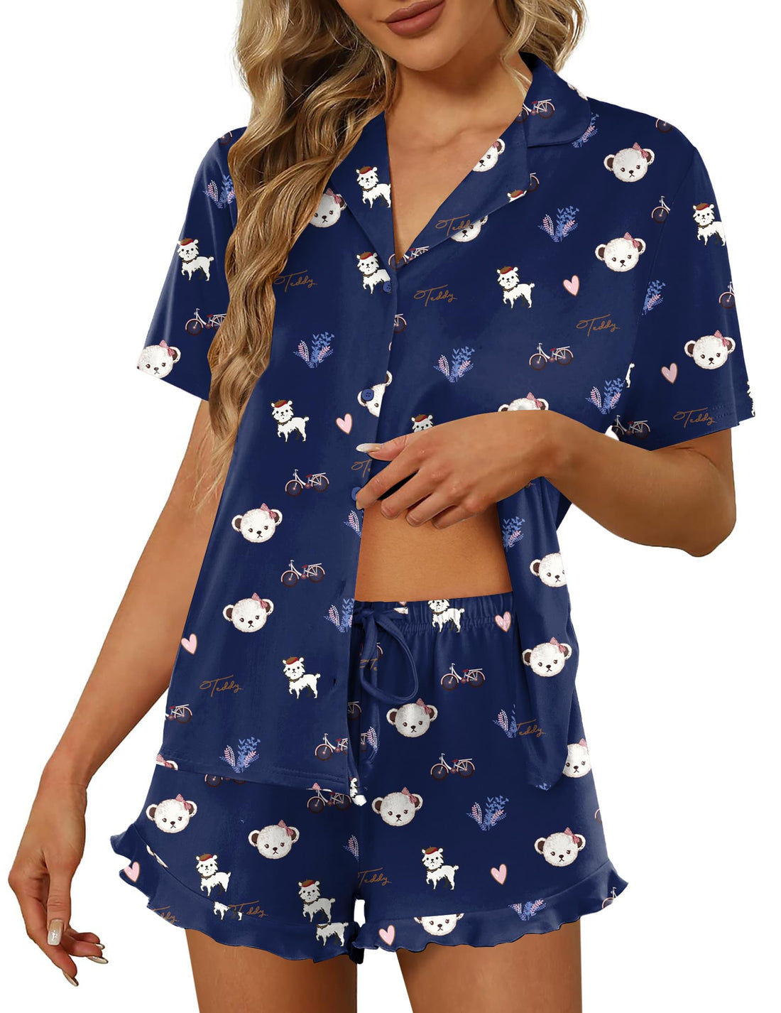 Ekouaer Pajamas Set for Women Short Sleeve Sleepwear Button Down Ruffle Pjs
