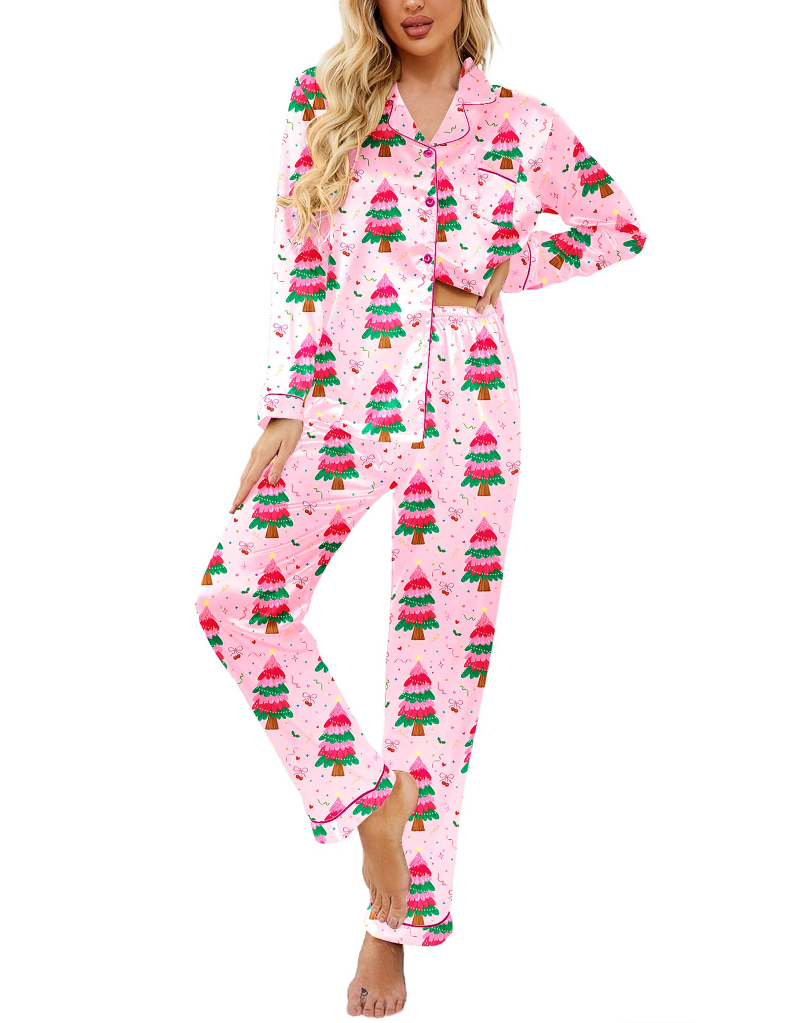 Ekouaer Women's Classic Button Down Long Satin Silk Pajama Set