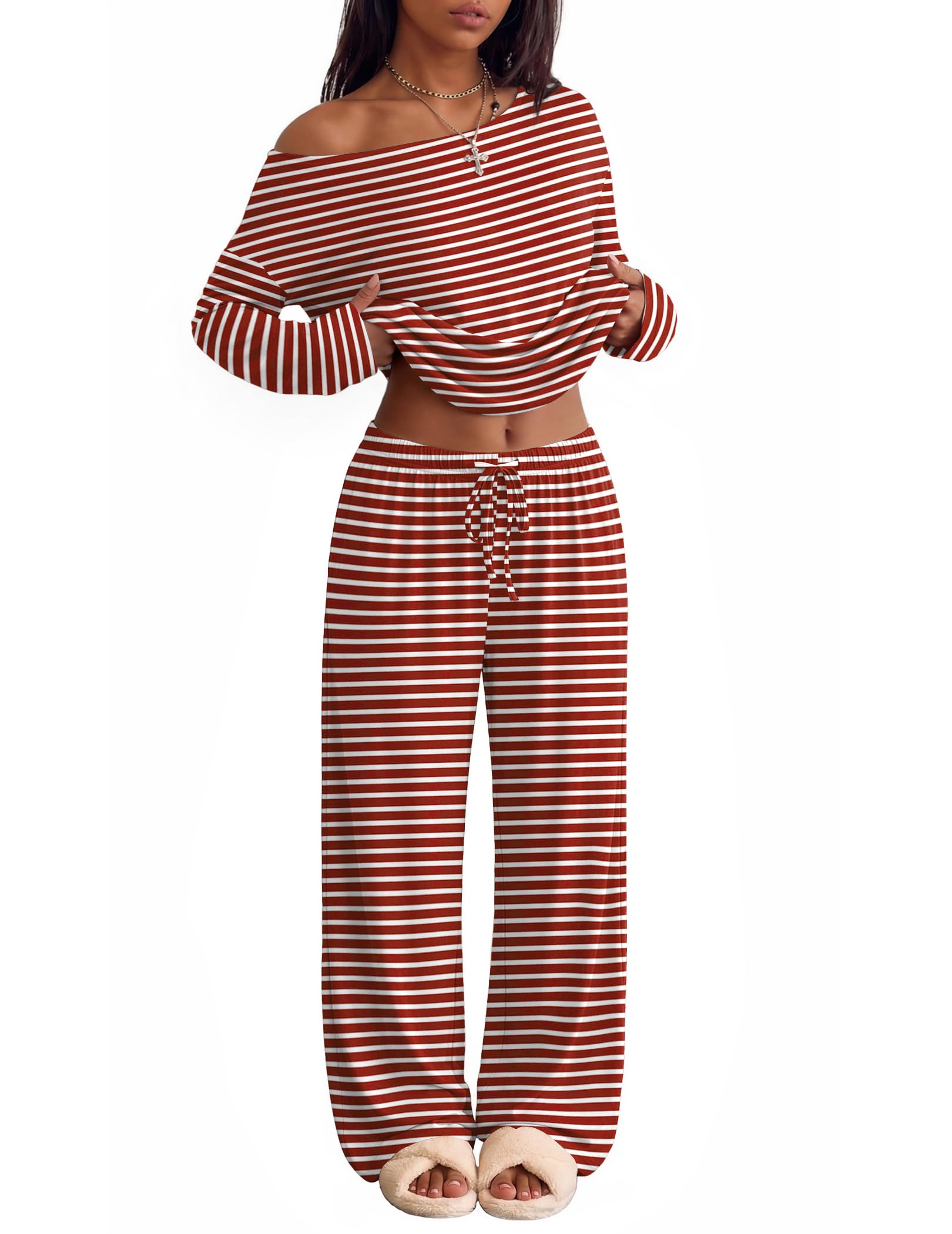 Ekouaer Womens Pajama Sets Off Shoulder Lounge Set 2 Piece Long Sleeve PJs