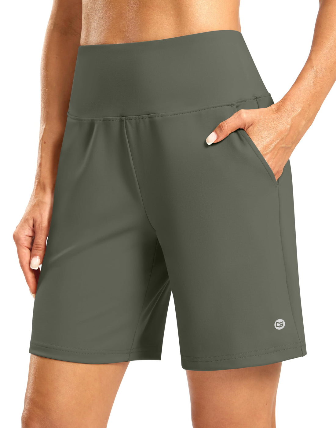 Women's Athletic Shorts with Zipper Pocket 7" High Waisted Stretchy Bermuda Shorts for Women Workout Running Casual