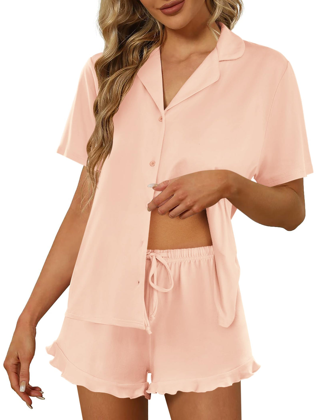 Ekouaer Pajamas Set for Women Short Sleeve Sleepwear Button Down Ruffle Pjs