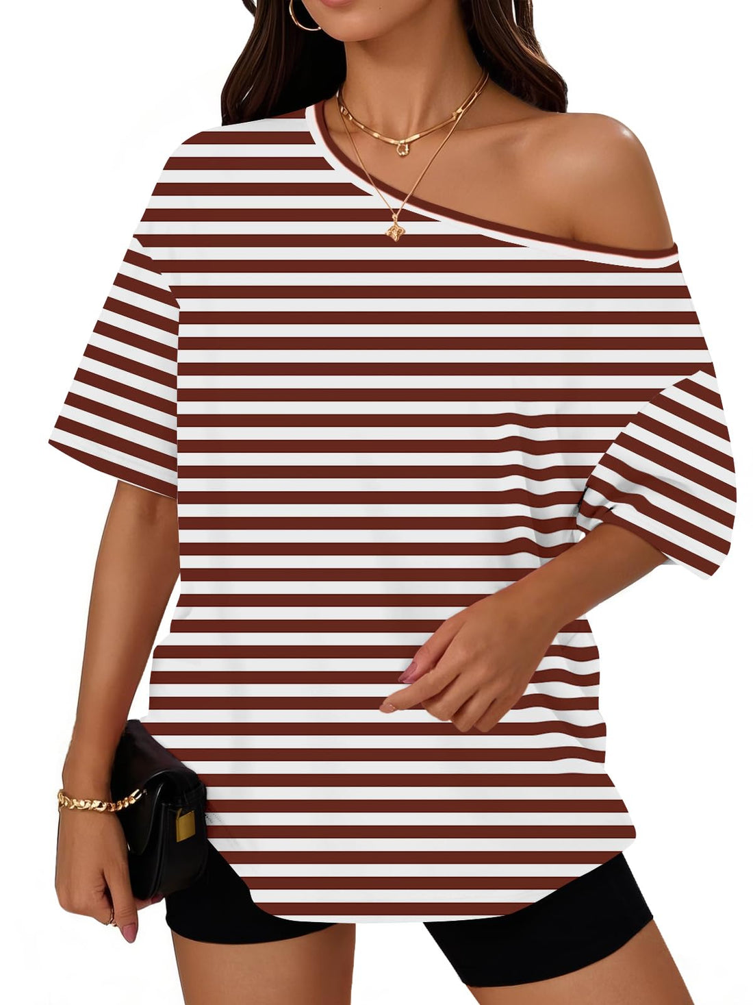 Trendy Queen Womens Off the Shoulder Tops Oversized Summer T-Shirts 2026 | Breathable comfort stretch fabric, short sleeve, basic oversized tees, casual workout gym, y2k going out clothes