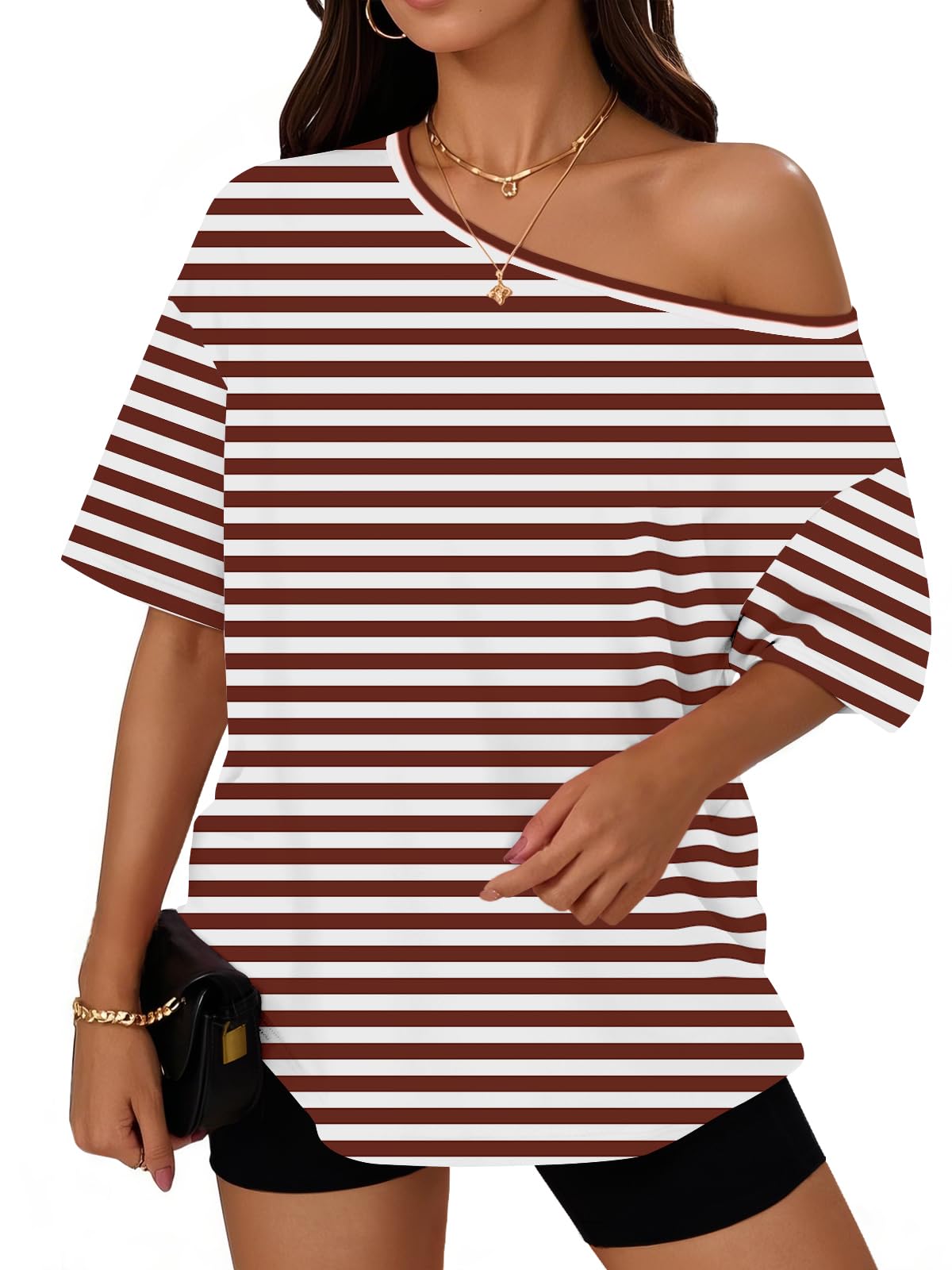 Trendy Queen Womens Off the Shoulder Tops Oversized Summer T-Shirts 2026 | Breathable comfort stretch fabric, short sleeve, basic oversized tees, casual workout gym, y2k going out clothes