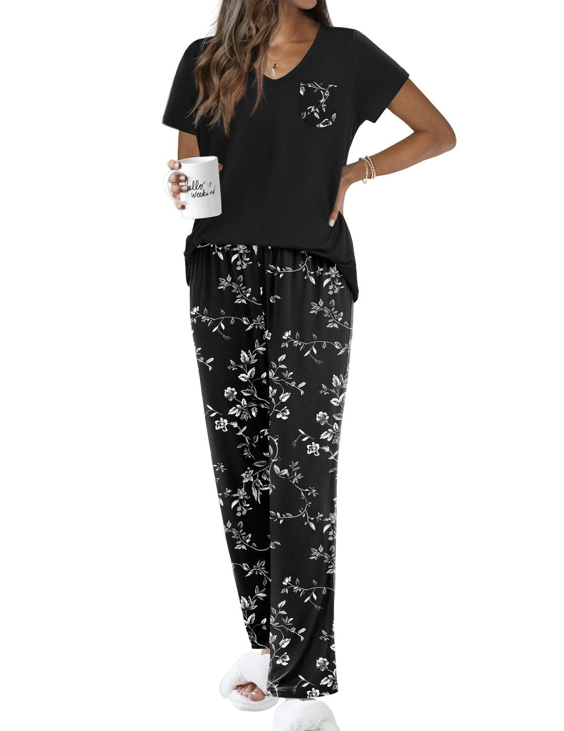 Ekouaer Pajama Sets for Women 2 Piece Short Sleeve Pj V Neck Chest Pocket