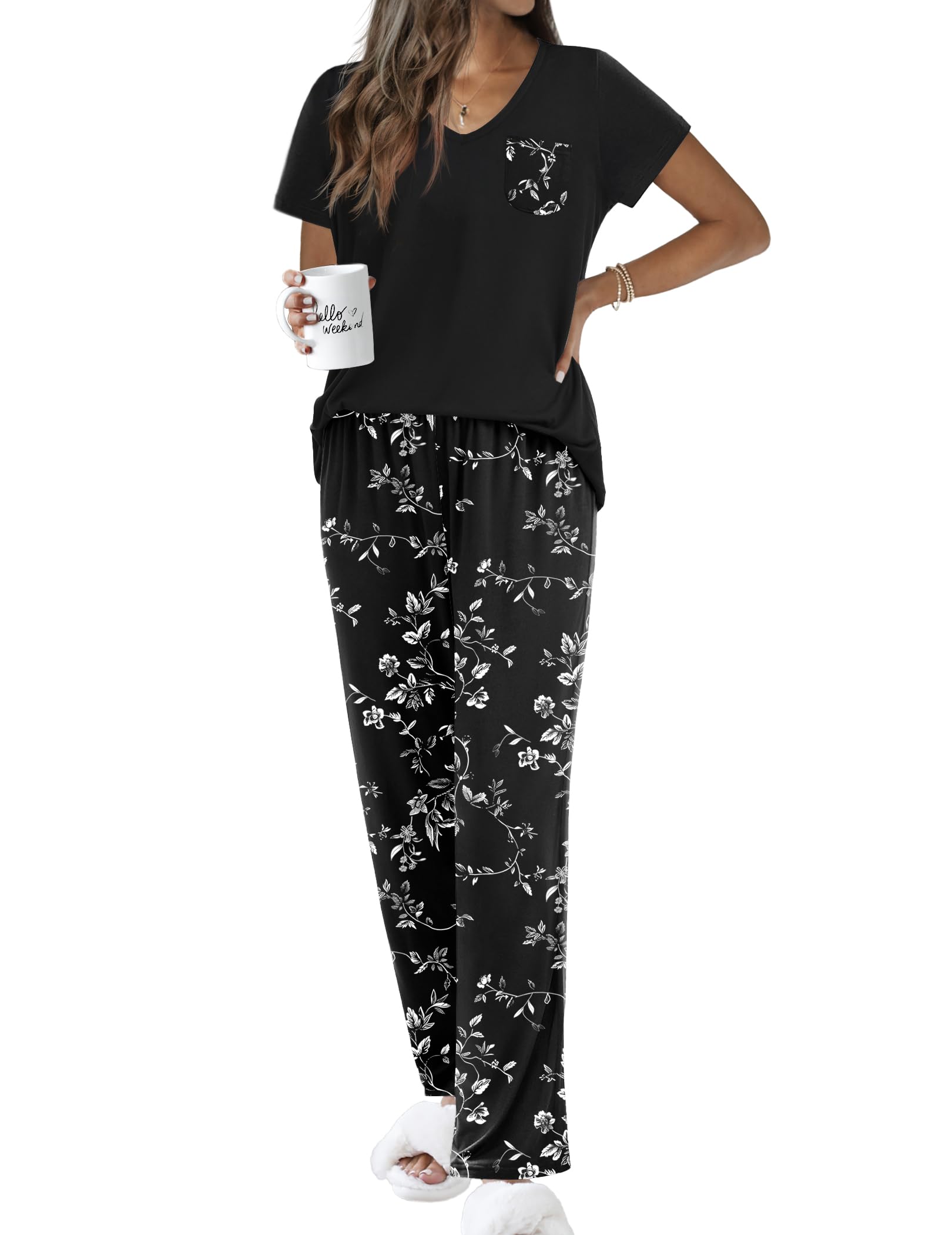 Ekouaer Pajama Sets for Women 2 Piece Short Sleeve Pj V Neck Chest Pocket