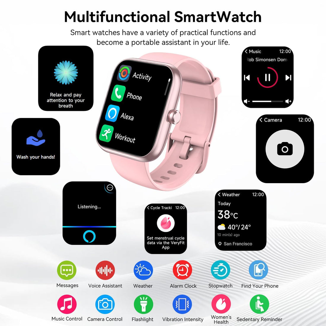 Smart Watch with Alexa Built-in, 1.83" HD Health Fitness Tracker, Bluetooth Calls/Notifications, 120+ Sports Modes, 24/7 Heart Rate/Sleep Tracking, IP68 Waterproof for iPhone and Android (Black)