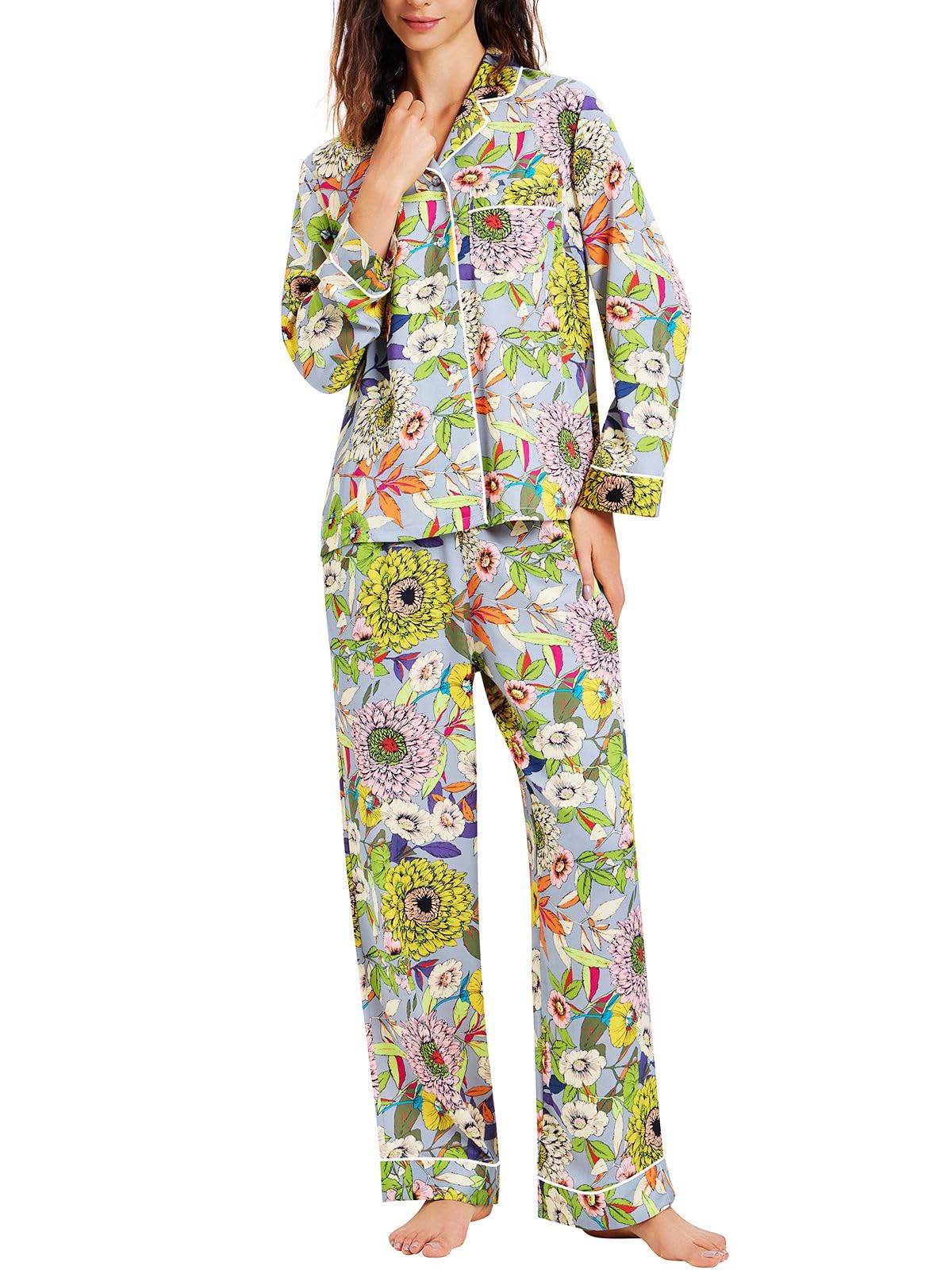 Lonxu Womens Satin Pajama Set Button Down Sleepwear Long Pj XS-3XL