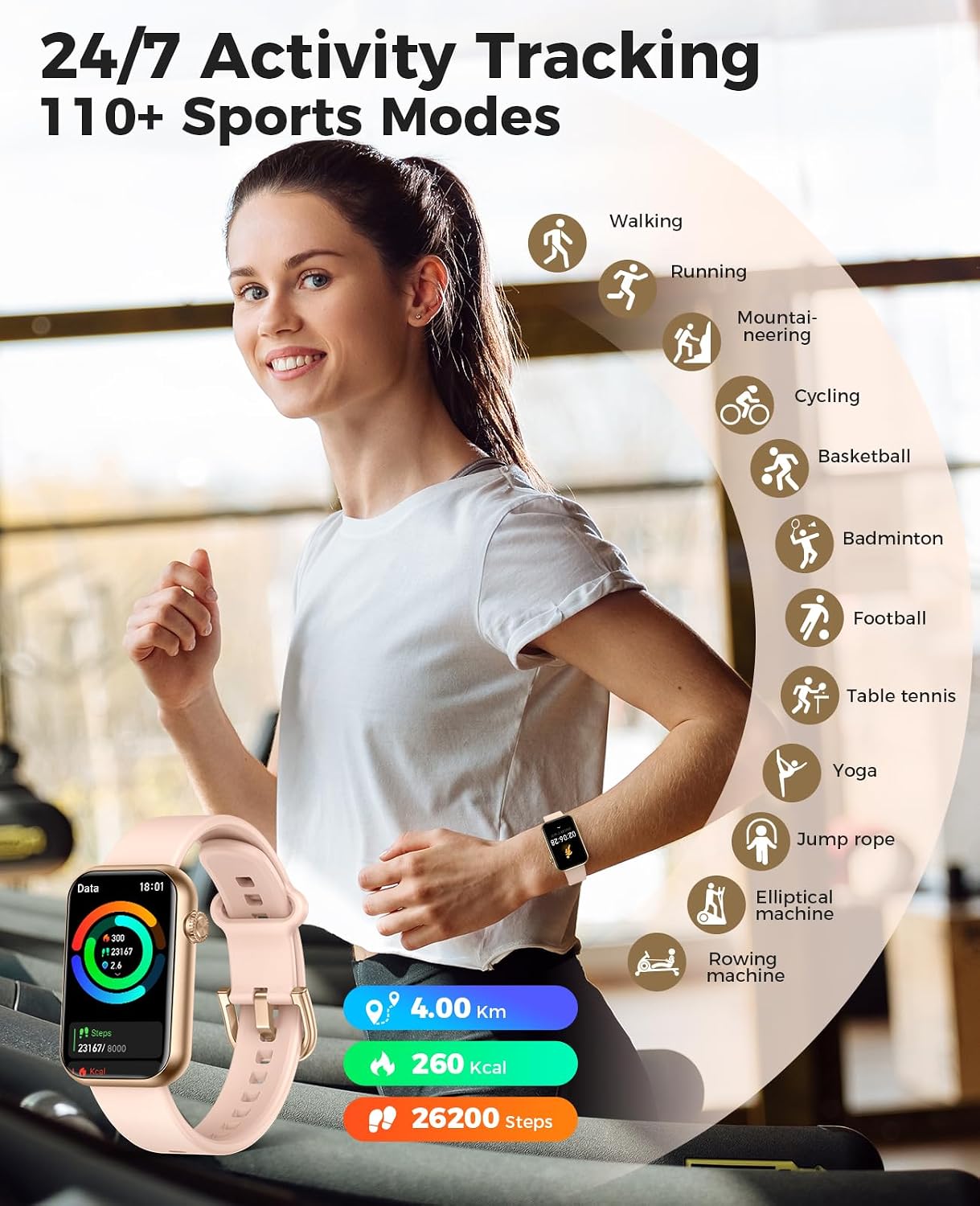 Smart Watch Fitness Tracker, Bluetooth Call, 24/7 Health Monitor for Women