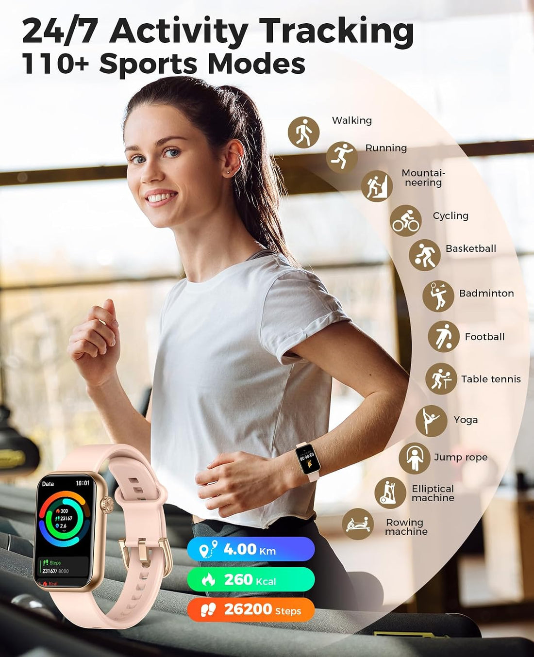 Smart Watch Fitness Tracker, Bluetooth Call, 24/7 Health Monitor for Women