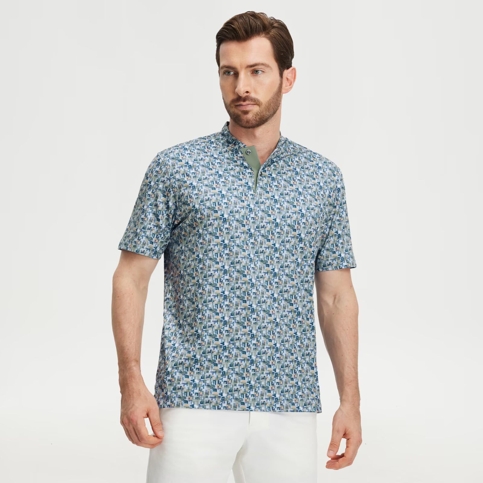 M MAELREG Golf Shirts for Men Collarless Performance Dry Fit Stretch Henley Casual Printed Mens Polo Shirts Short Sleeve