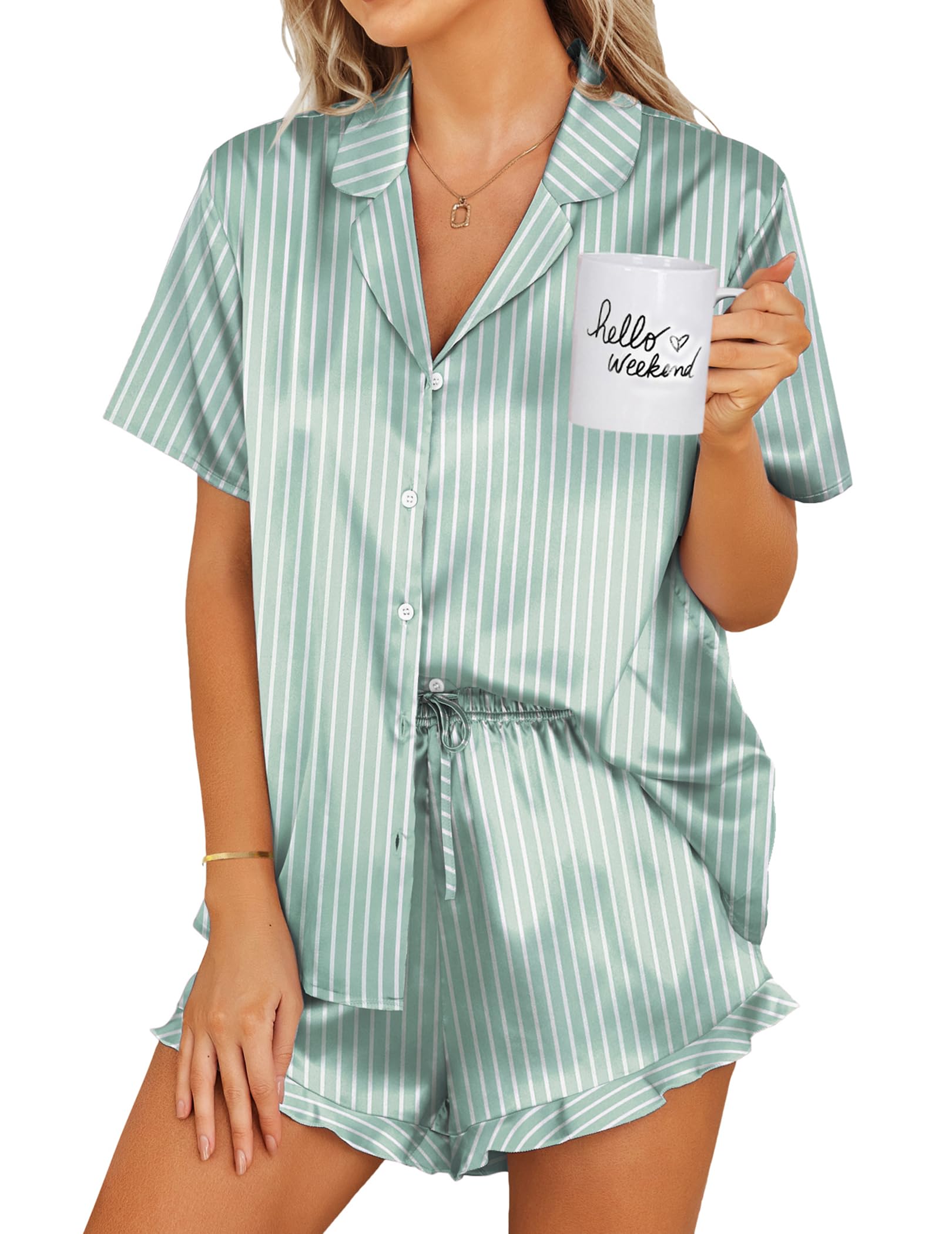 Ekouaer Womens Satin Pajamas Set Button Down 2 Piece Silk Pjs Shorts Set Ruffle Lingerie Notch Collar Sleepwear