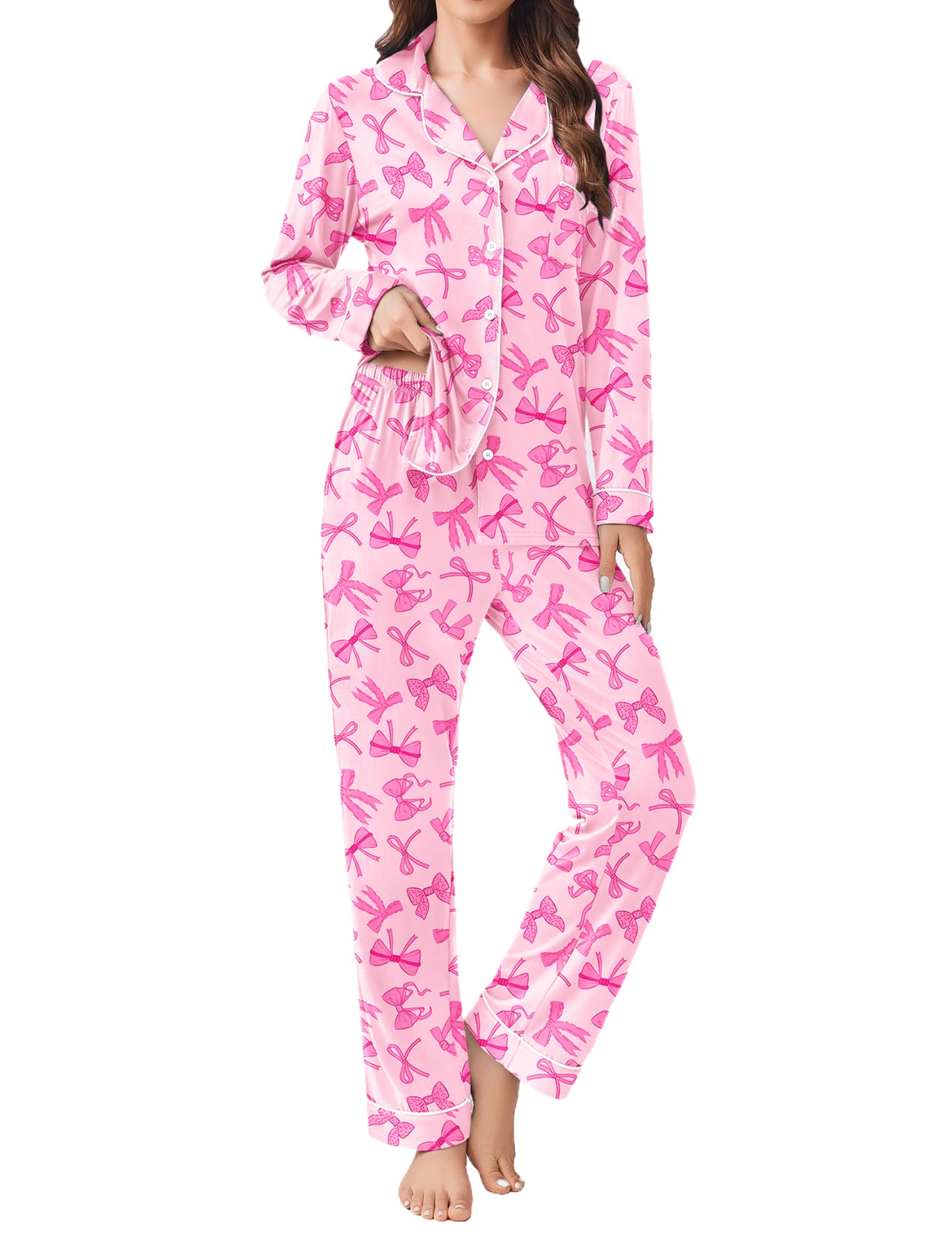 Ekouaer Womens Pajamas Set Button Down Long Sleeve Top & Pants Lounge Sets