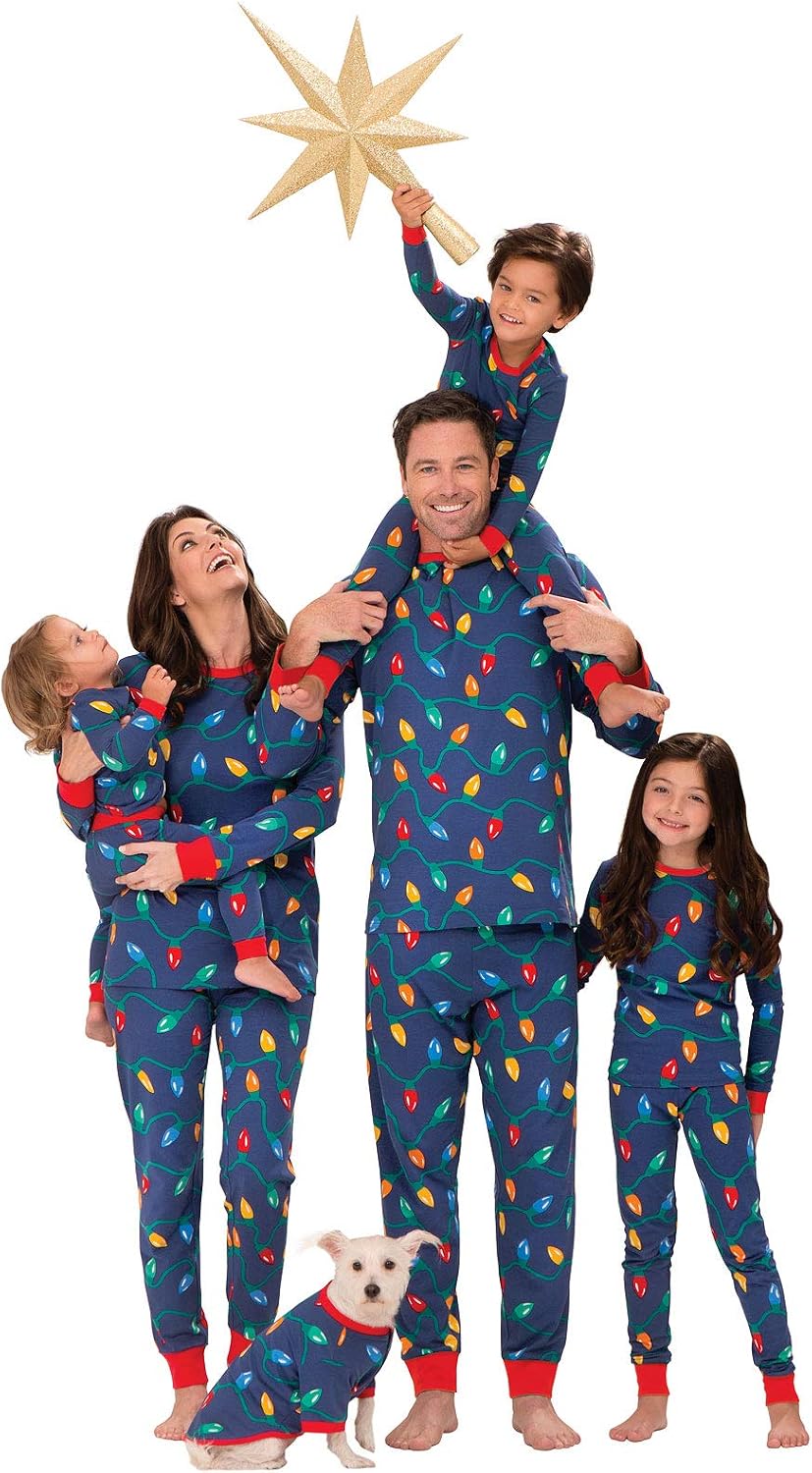 PajamaGram Matching Christmas PJs for Family, Christmas Lights, Womens M / 8-10 Blue
