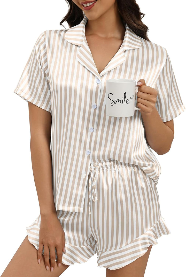 Silk Pajamas for Women Button Down 2 Piece Satin Pjs Shorts Set Ruffle Notch Collar Sleepwear Loungewear