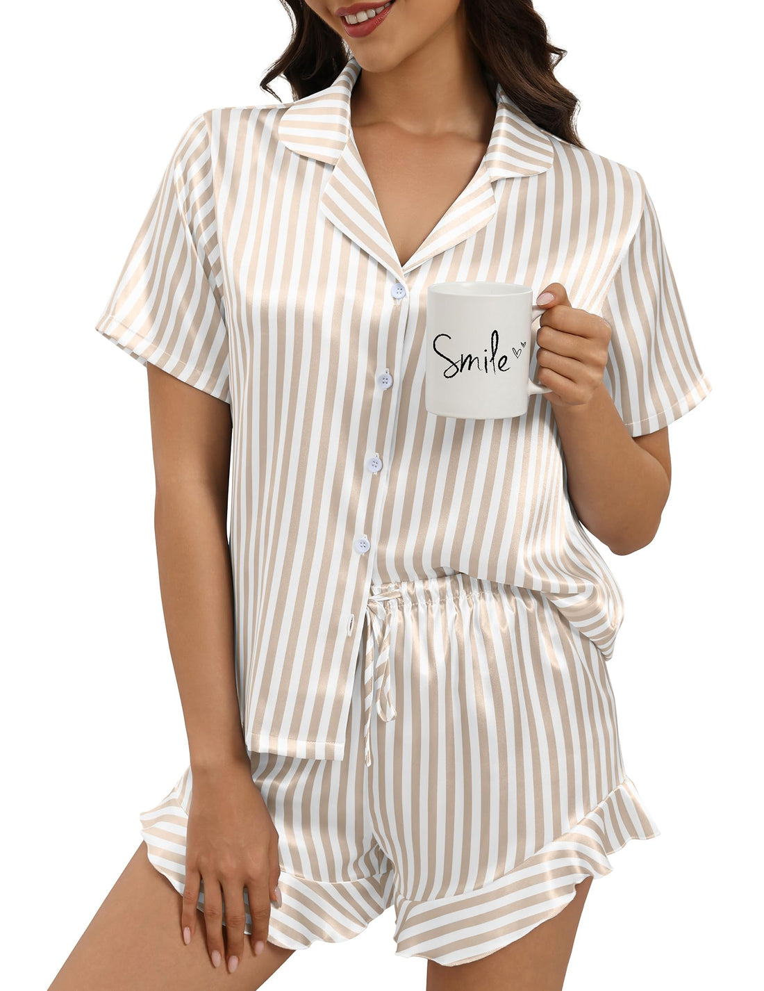 Silk Pajamas for Women Button Down 2 Piece Satin Pjs Shorts Set Ruffle Notch Collar Sleepwear Loungewear