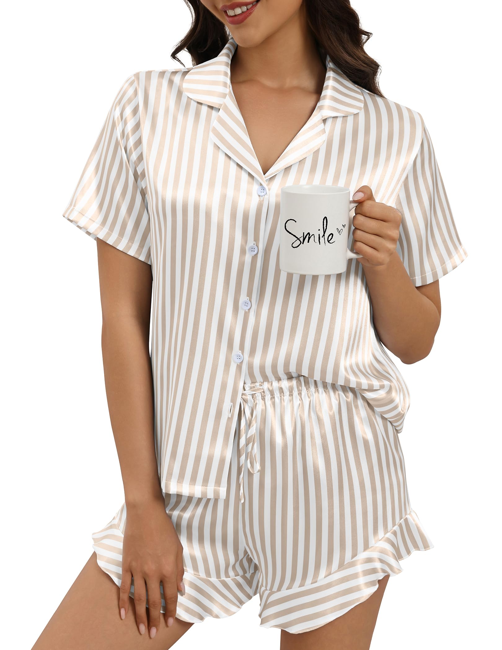 Silk Pajamas for Women Button Down 2 Piece Satin Pjs Shorts Set Ruffle Notch Collar Sleepwear Loungewear