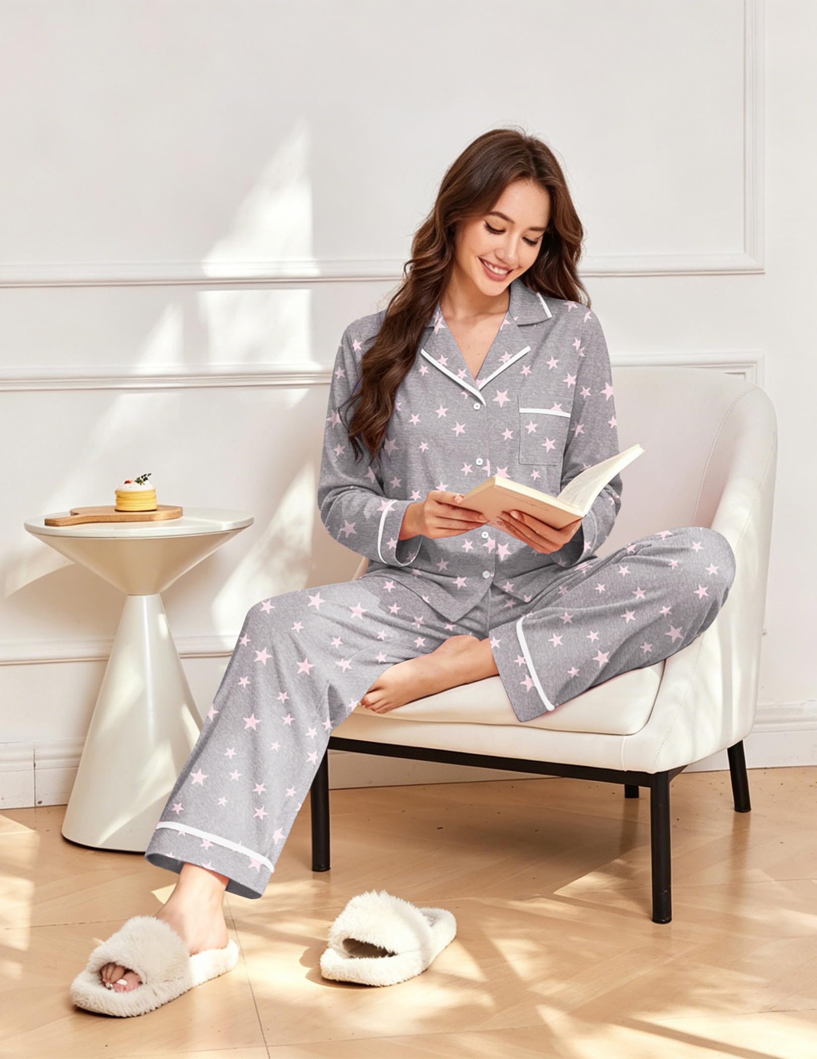 Ekouaer Womens Pajama Sets Long Sleeve Button Down Lounge Sets with Pockets