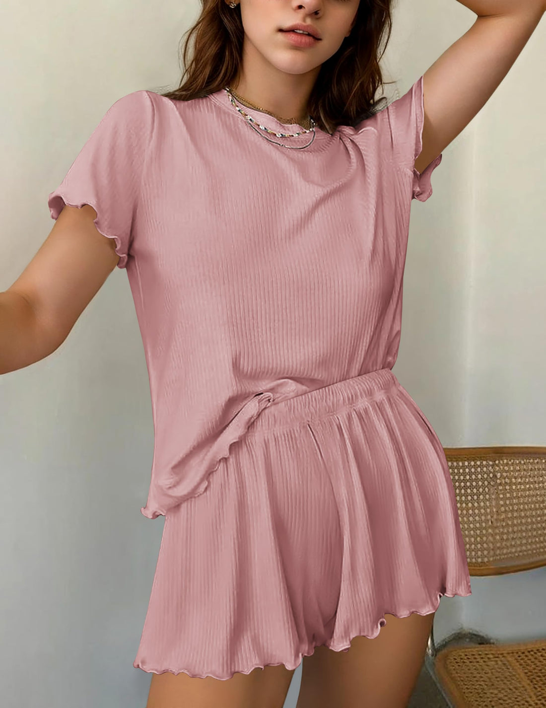 Ekouaer Womens Pajamas 2 Piece Ribbed Knit Pjs Short Sleeve Lounge Sets