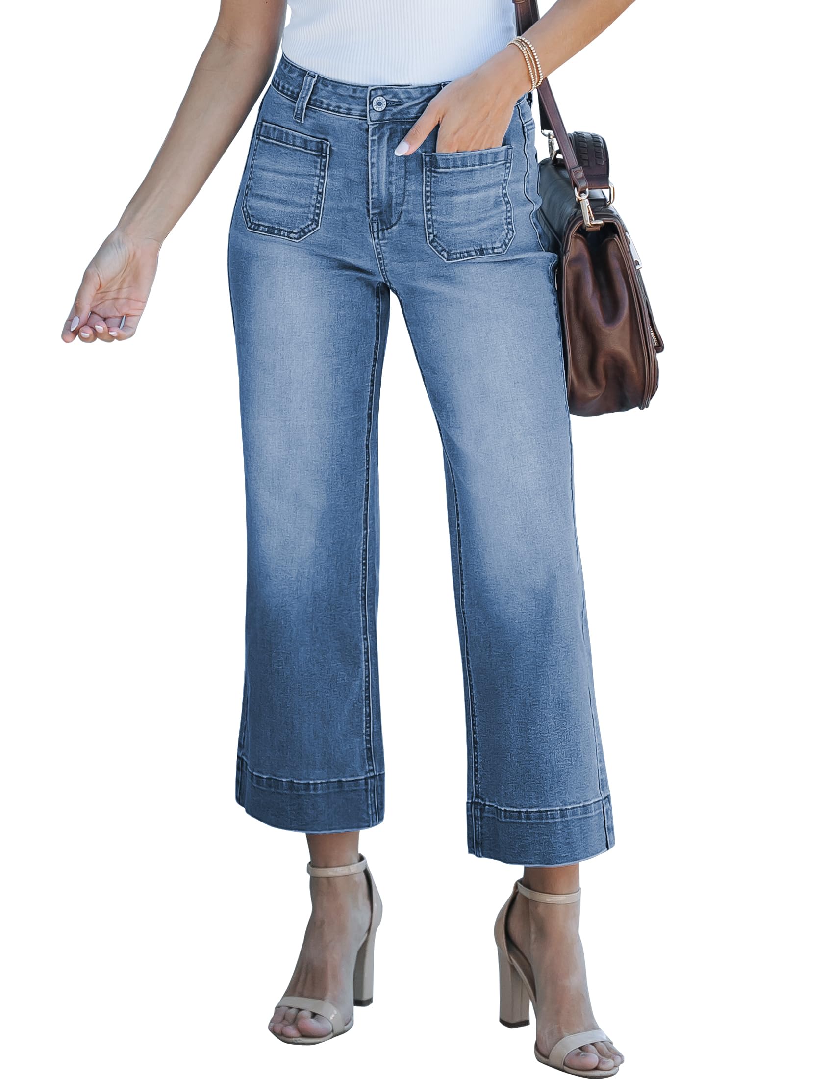 luvamia Wide Leg Jeans for Women Trendy High Waisted Flare Jeans Cropped Denim Pants Stretchy Baggy with Patch Pockets