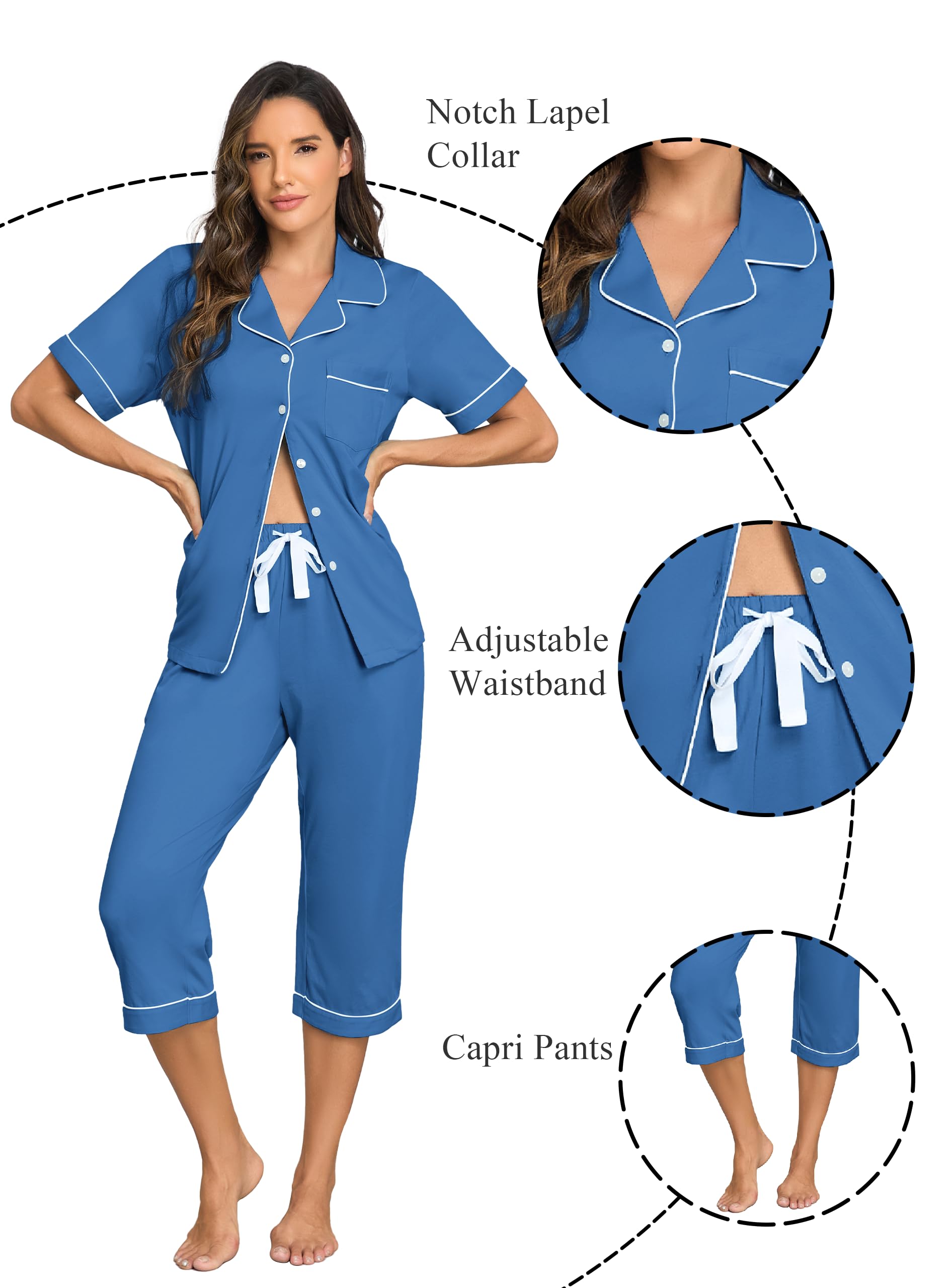 COLORFULLEAF 100% Cotton Women's Pajama Sets Short Sleeve Capri Pajamas for Women Set Button Down Pjs Soft Sleepwear Summer