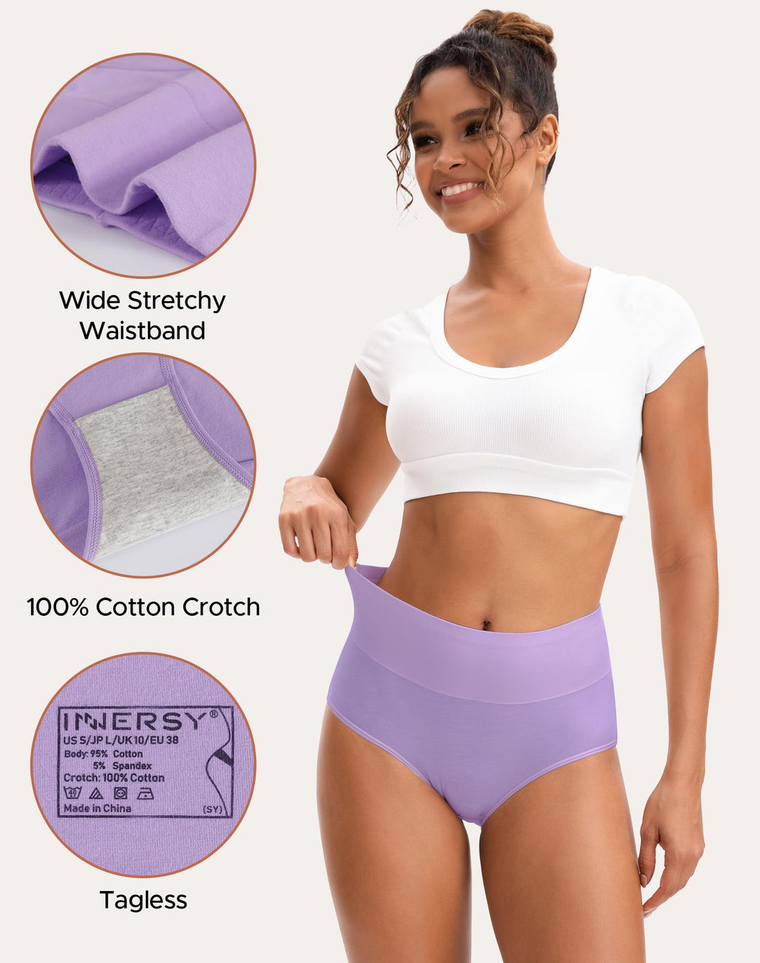 INNERSY Women's High Waisted Underwear Cotton Panties Regular & Plus Size 5-Pack