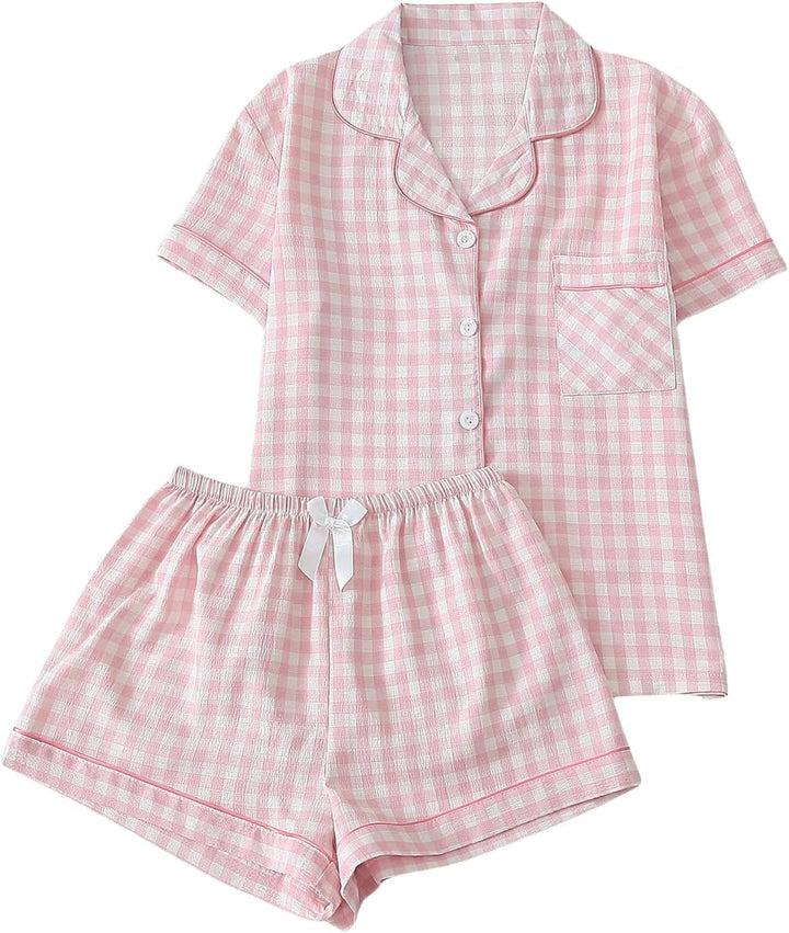Verdusa Pajamas Sets 2 Piece Gingham Cute Button Down Shirts with Shorts
