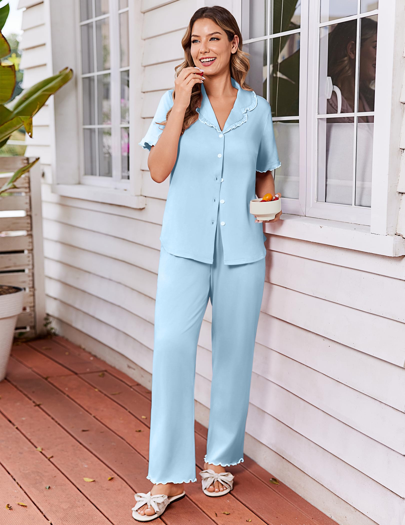 Ekouaer Womens Pajama Sets Short Sleeve Printed PJs Button Down Sleepwear